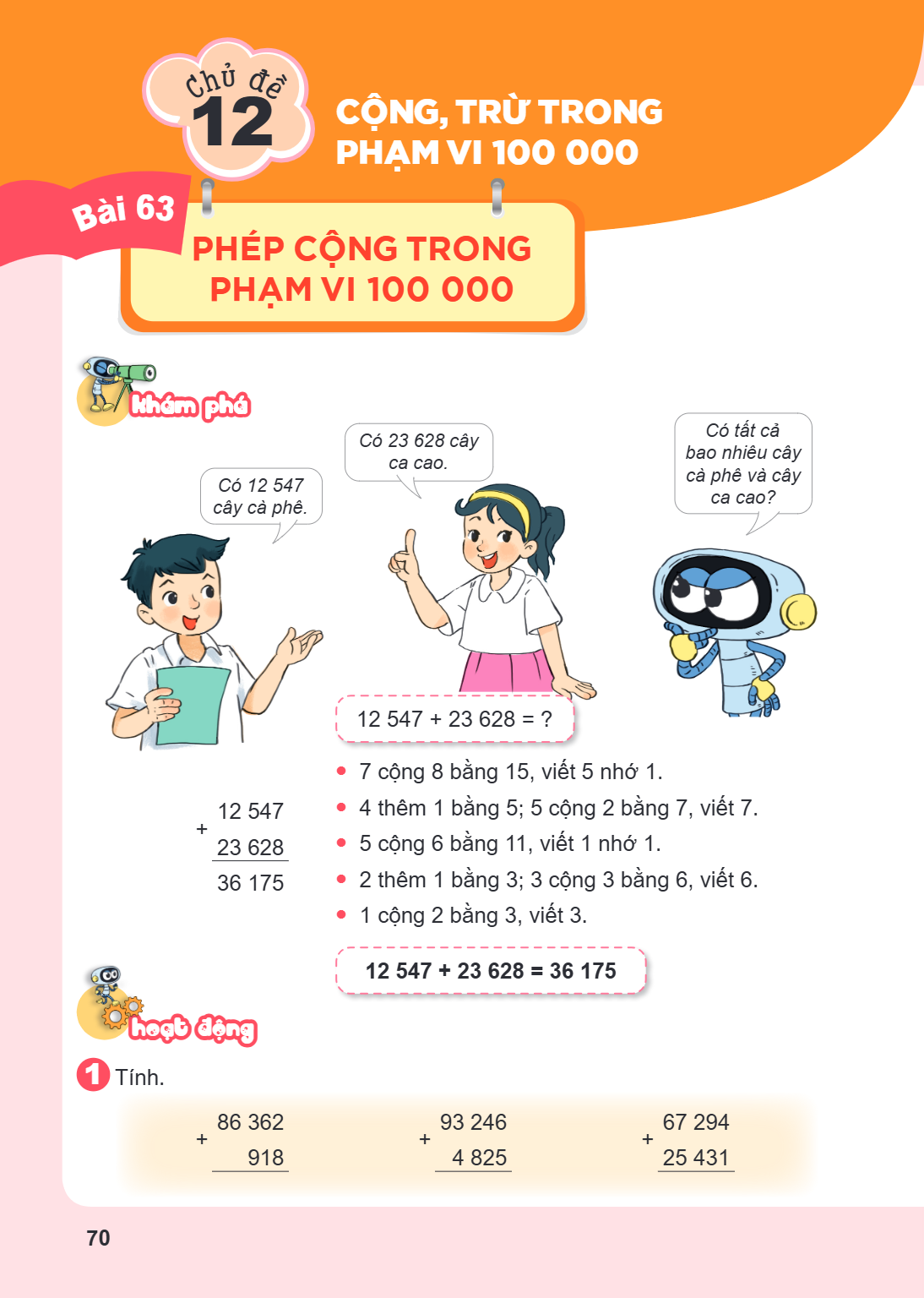 Bài 63. Phép cộng trong phạm vi 100 000 Bài 63. PHÉP CỘNG TRONG PHẠM VI 100 000 Khám phá Có 12 547 cây cà phê. Có 23 628 cây ca cao. Có tất cả bao nhiêu cây cà 