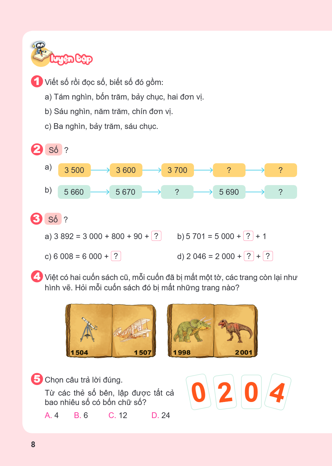 LUYỆN TẬP 1 Viết số rồi đọc số, biết số đó gồm: a) Tám nghìn, bốn trăm, bảy chục, hai đơn vị. b) Sáu nghìn, năm trăm, chín đơn vị. c) Ba nghìn, bảy trăm, sáu ch