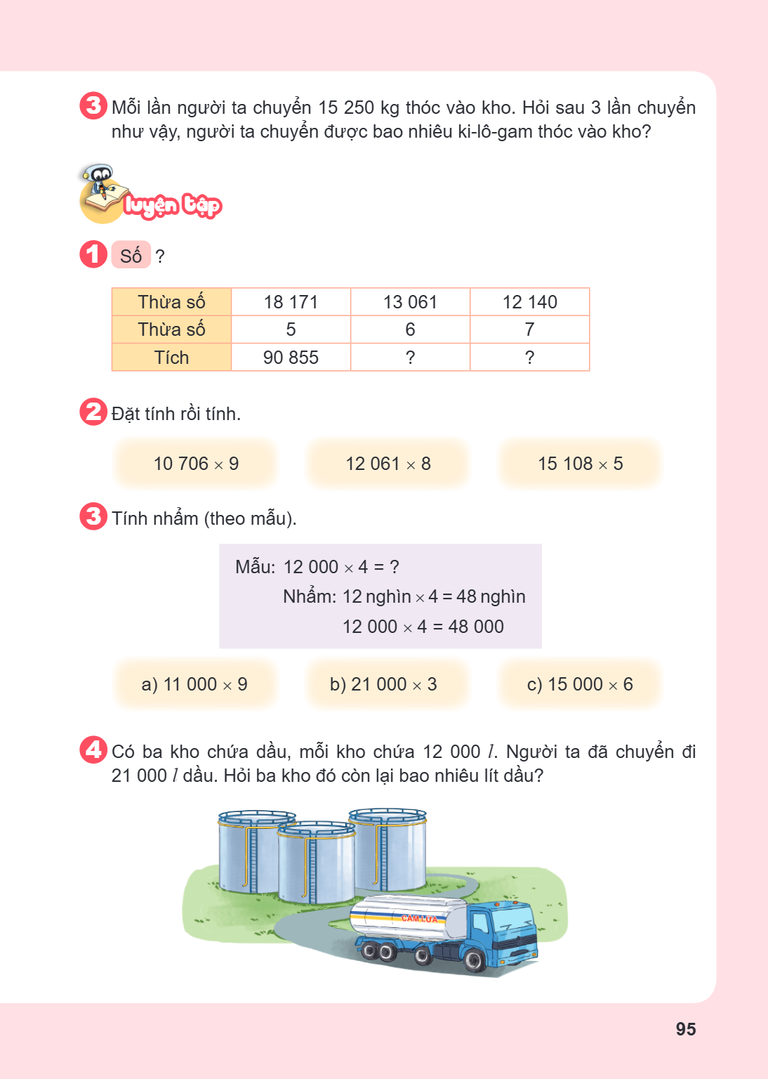 3 Mỗi lần người ta chuyển 15 250 kg thóc vào kho. Hỏi sau 3 lần chuyển như vậy, người ta chuyển được bao nhiêu ki-lô-gam thóc vào kho? LUYỆN TẬP 1 Số ? Thừa số,