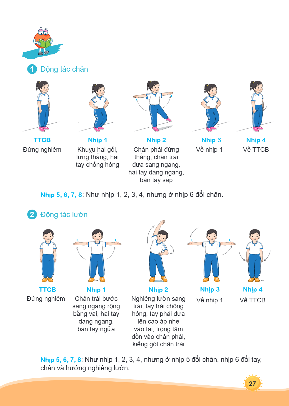 1. Động tác chân TTCB Đứng nghiêm Nhịp 1 Khuyu hai gối, lưng thẳng, hai tay chống hông Nhịp 2 Chân phải đứng thẳng, chân trái đưa sang ngang, hai tay dang ngang