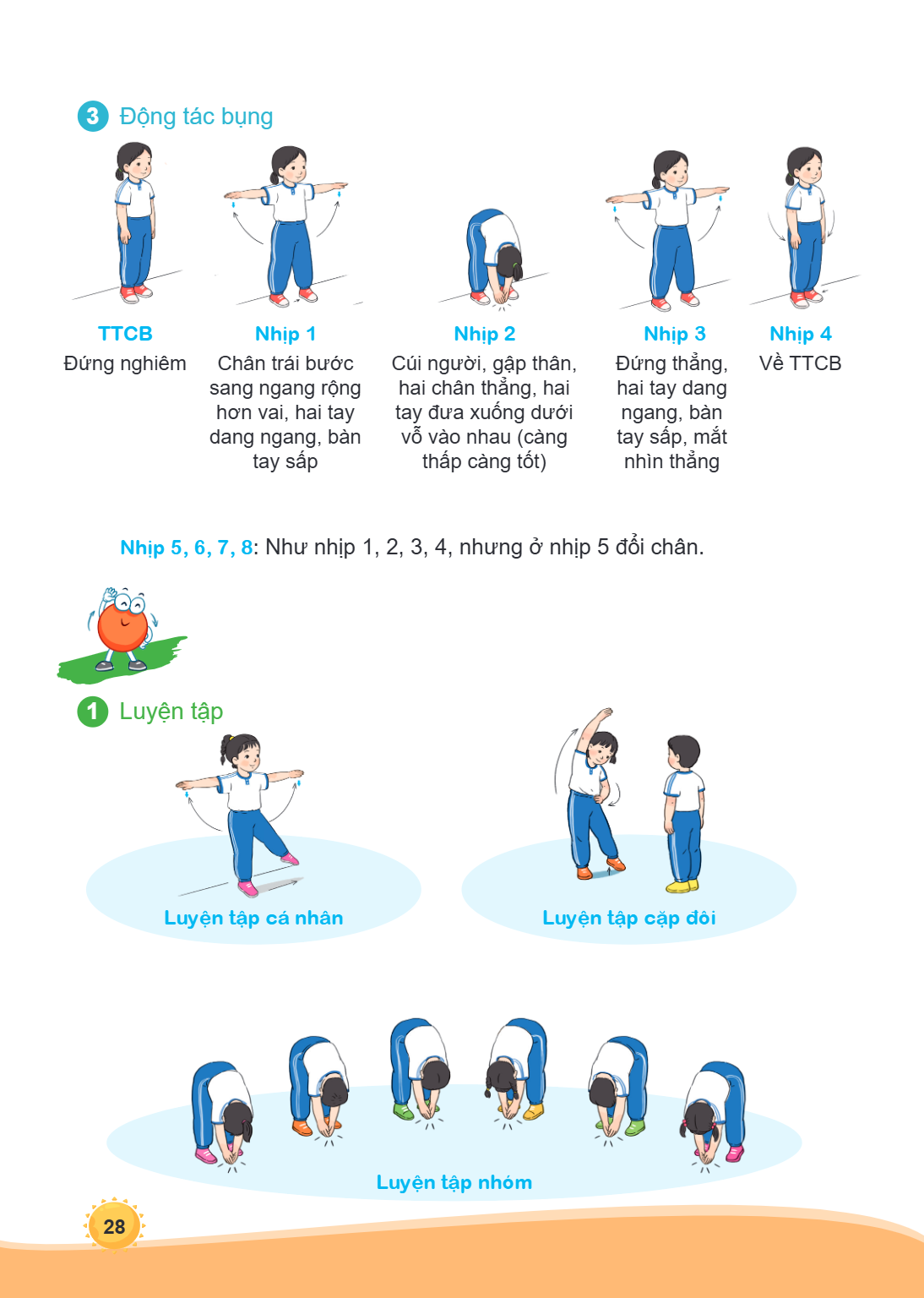 3. Động tác bụng TTCB Đứng nghiêm Nhịp 1 Chân trái bước sang ngang rộng hơn vai, hai tay dang ngang, bàn tay sấp Nhịp 2 Cúi người, gập thân, hai chân thẳng, hai