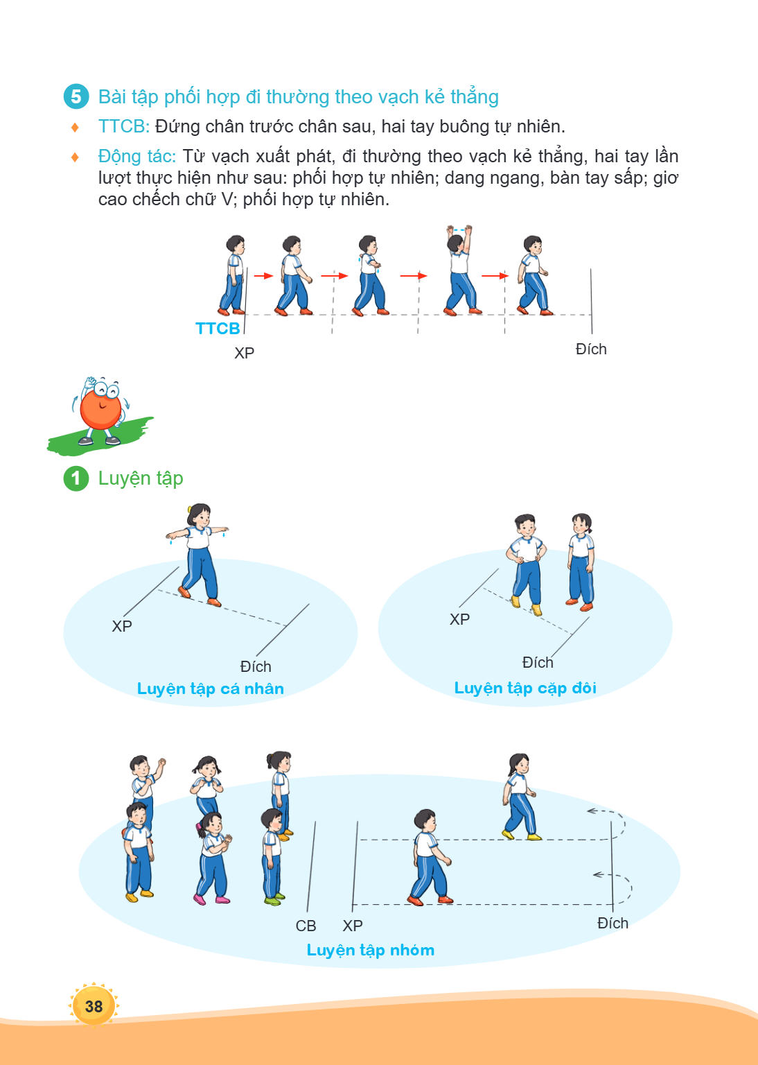 5 Bài tập phối hợp đi thường theo vạch kẻ thẳng TTCB: Đứng chân trước chân sau, hai tay buông tự nhiên. Động tác: Từ vạch xuất phát, đi thường theo vạch kẻ thẳn
