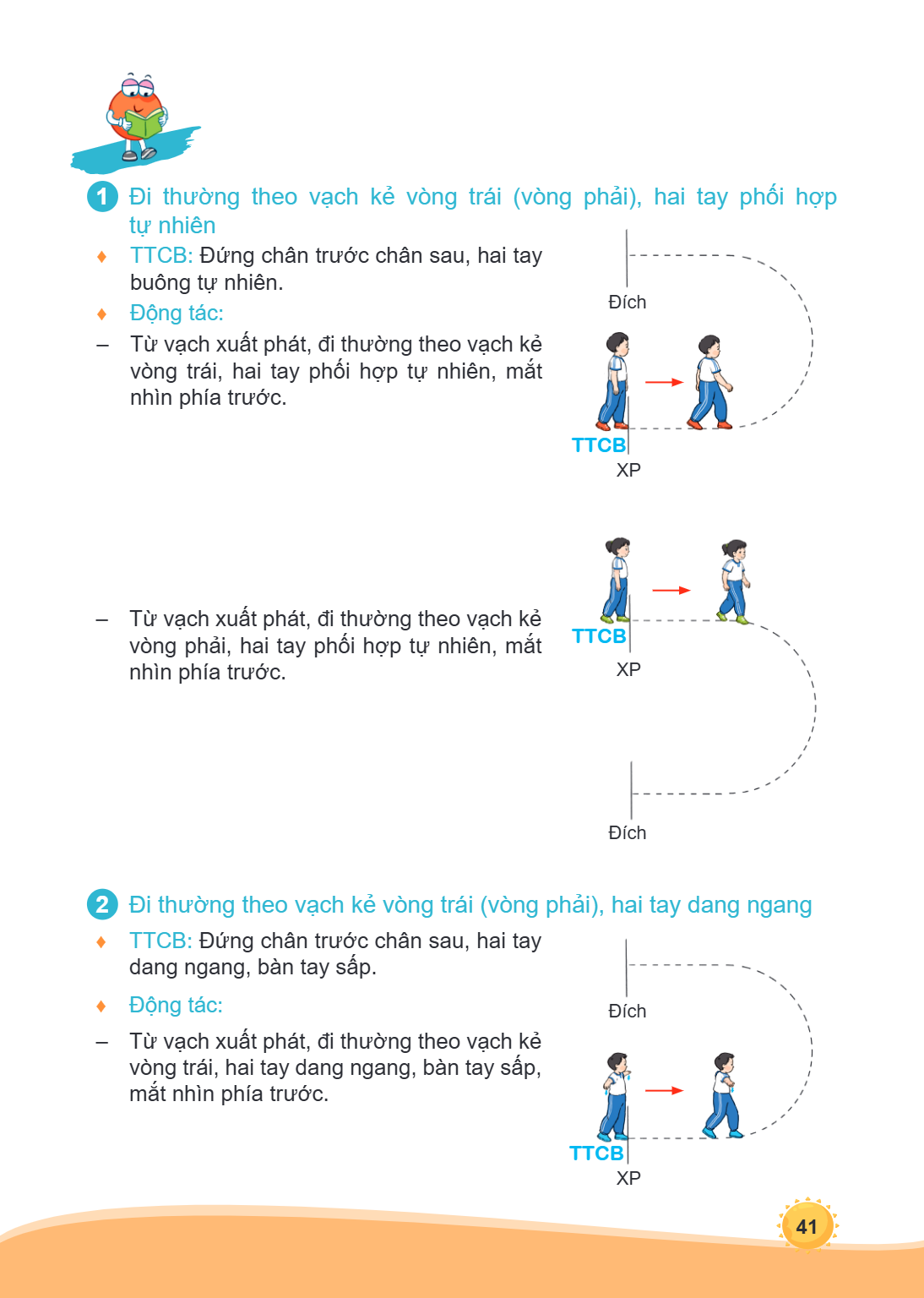1 Đi thường theo vạch kẻ vòng trái (vòng phải), hai tay phối hợp tự nhiên ♦ TTCB: Đứng chân trước chân sau, hai tay buông tự nhiên. ♦ Động tác: – Từ vạch xuất p