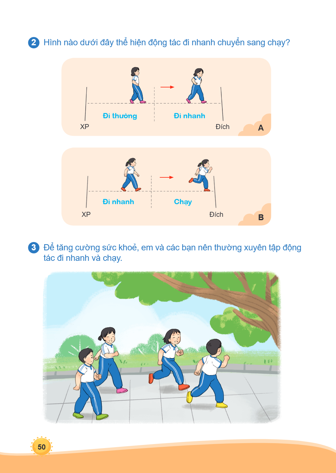 2 Hình nào dưới đây thể hiện động tác đi nhanh chuyển sang chạy? Đi thường XP Đích A Đi nhanh XP Chạy Đích B 3 Để tăng cường sức khoẻ, em và các bạn nên thường 