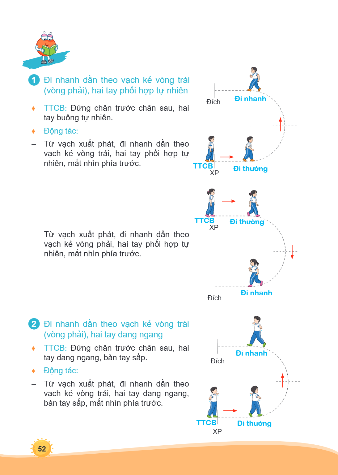 1 Đi nhanh dần theo vạch kẻ vòng trái (vòng phải), hai tay phối hợp tự nhiên ♦ TTCB: Đứng chân trước chân sau, hai tay buông tự nhiên. ♦ Động tác: - Từ vạch xuấ