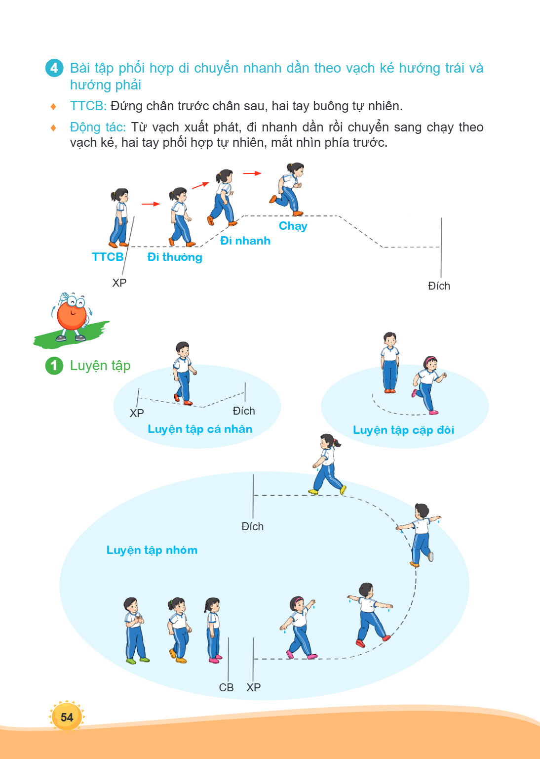 4 Bài tập phối hợp di chuyển nhanh dần theo vạch kẻ hướng trái và hướng phải ♦ TTCB: Đứng chân trước chân sau, hai tay buông tự nhiên. ♦ Động tác: Từ vạch xuất 