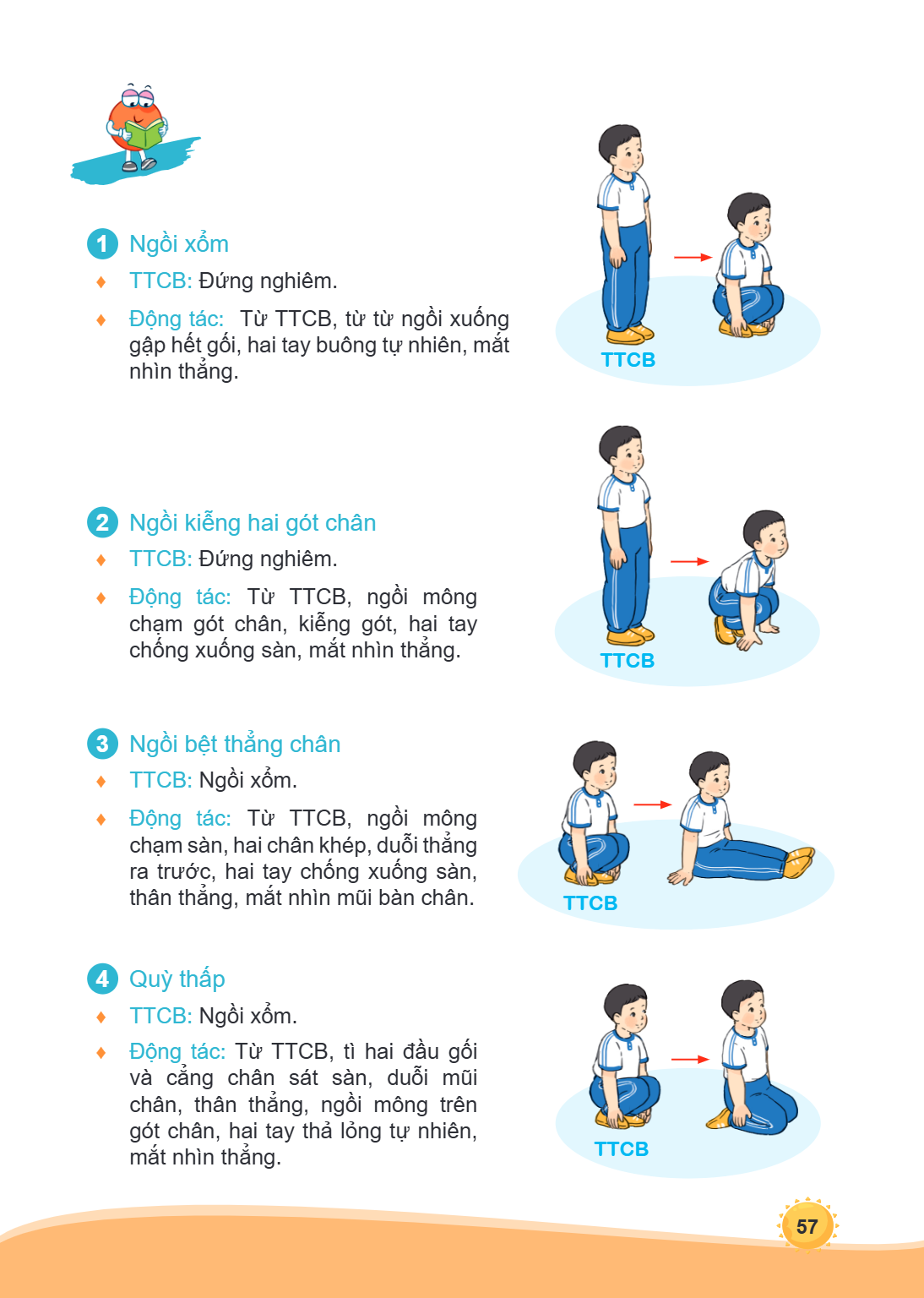 1, Ngồi xổm ♦ ♦, TTCB: Đứng nghiêm. Động tác: Từ TTCB, từ từ ngồi xuống gập hết gối, hai tay buông tự nhiên, mắt nhìn thẳng. TTCB 2 Ngồi kiễng hai gót chân ♦ TT