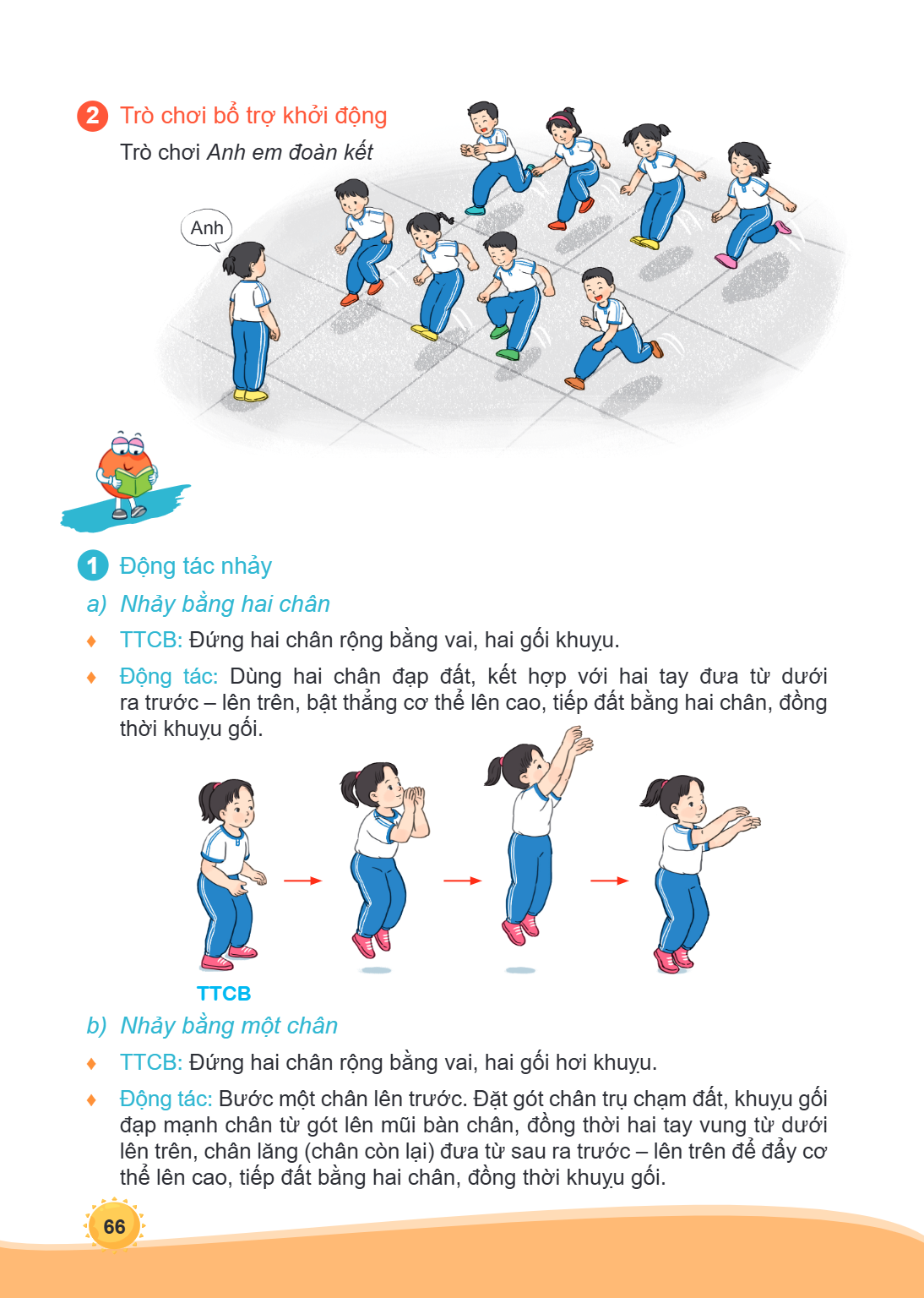 2 Trò chơi bổ trợ khởi động Trò chơi Anh em đoàn kết 1 Động tác nhảy a) Nhảy bằng hai chân ♦ TTCB: Đứng hai chân rộng bằng vai, hai gối khuỵu. ♦ Động tác: Dùng 