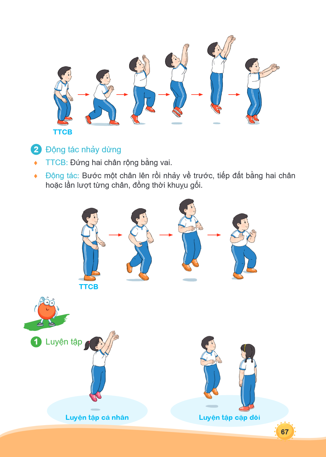 TTCB 2 Động tác nhảy dừng ♦ TTCB: Đứng hai chân rộng bằng vai. ♦ Động tác: Bước một chân lên rồi nhảy về trước, tiếp đất bằng hai chân hoặc lần lượt từng chân, 