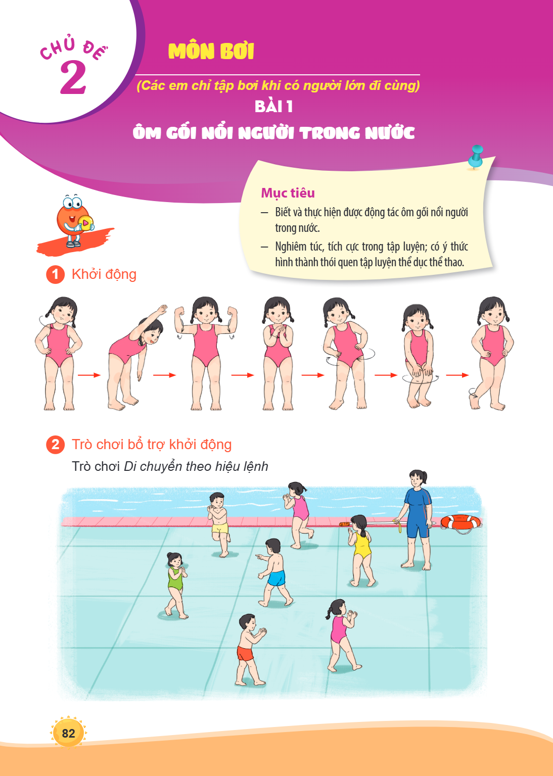 CHỦ ĐỀ 2 MÔN BƠI (Các em chỉ tập bơi khi có người lớn đi cùng) Bài 1. ÔM GỐI NỔI NGƯỜI TRONG NƯỚC Mục tiêu – Biết và thực hiện được động tác ôm gối nổi người tr