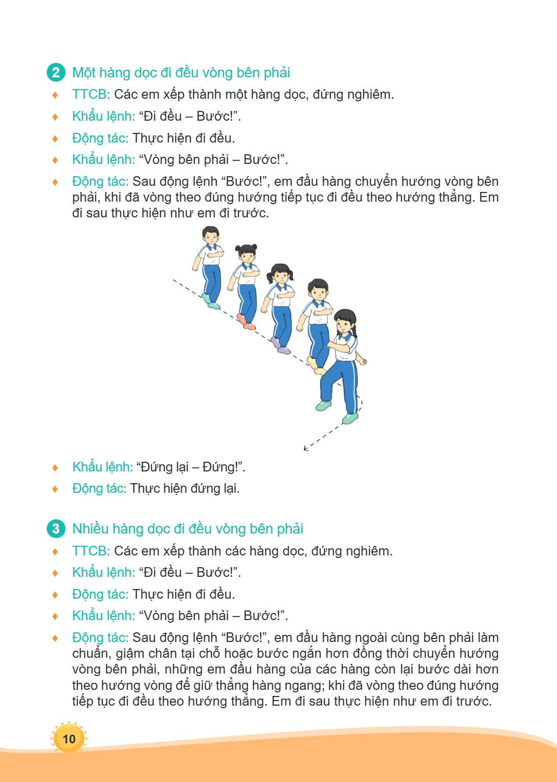 2 Một hàng dọc đi đều vòng bên phải ♦ TTCB: Các em xếp thành một hàng dọc, đứng nghiêm. ♦ Khẩu lệnh: "Đi đều - Bước!". ♦ Động tác: Thực hiện đi đều. ♦ Khẩu lệnh