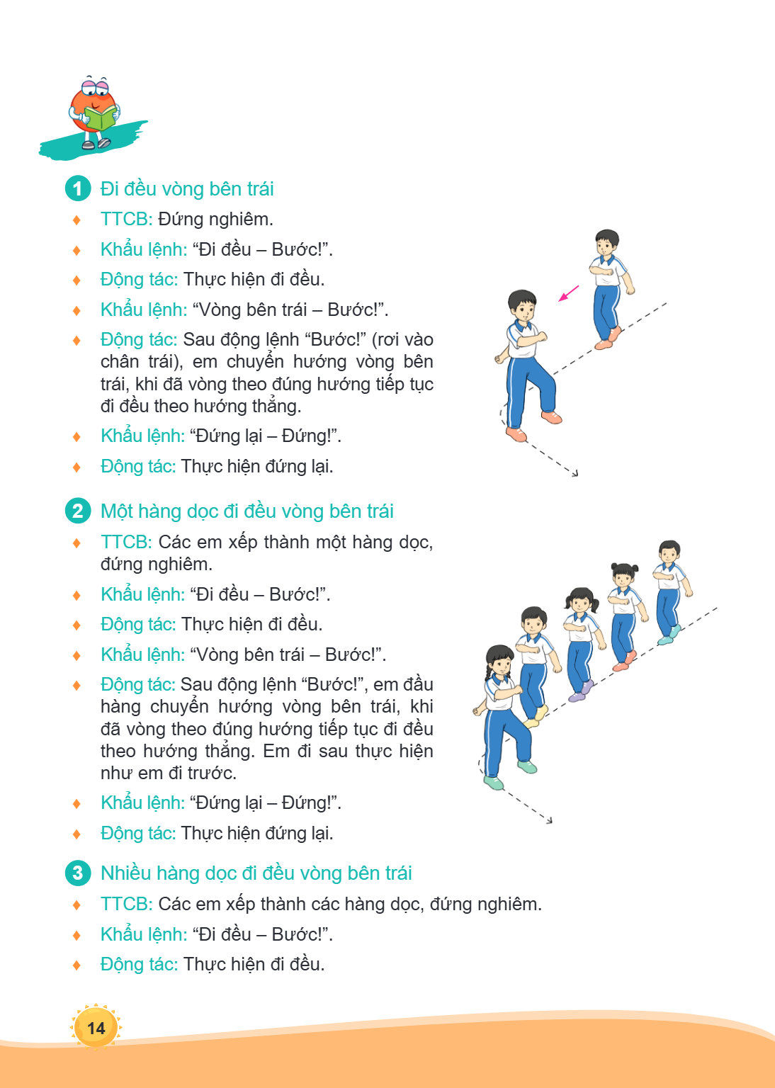 1 Đi đều vòng bên trái ♦ TTCB: Đứng nghiêm. ♦ Khẩu lệnh: "Đi đều - Bước!". ♦ Động tác: Thực hiện đi đều. ♦ Khẩu lệnh: "Vòng bên trái - Bước!". ♦ Động tác: Sau đ