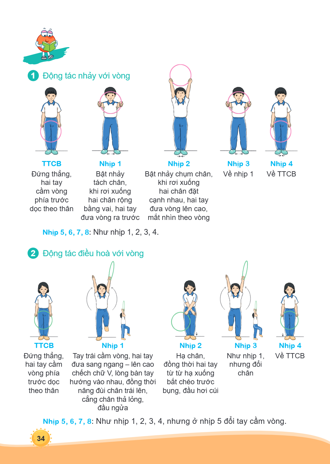 1 Động tác nhảy với vòng TTCB Đứng thẳng, hai tay cầm vòng phia ́ trước dọc theo thân Nhịp 5, 6, 7, 8: Như nhịp 1, 2, 3, 4. 2 Động tác điều hoà với vòng Nhịp 1 