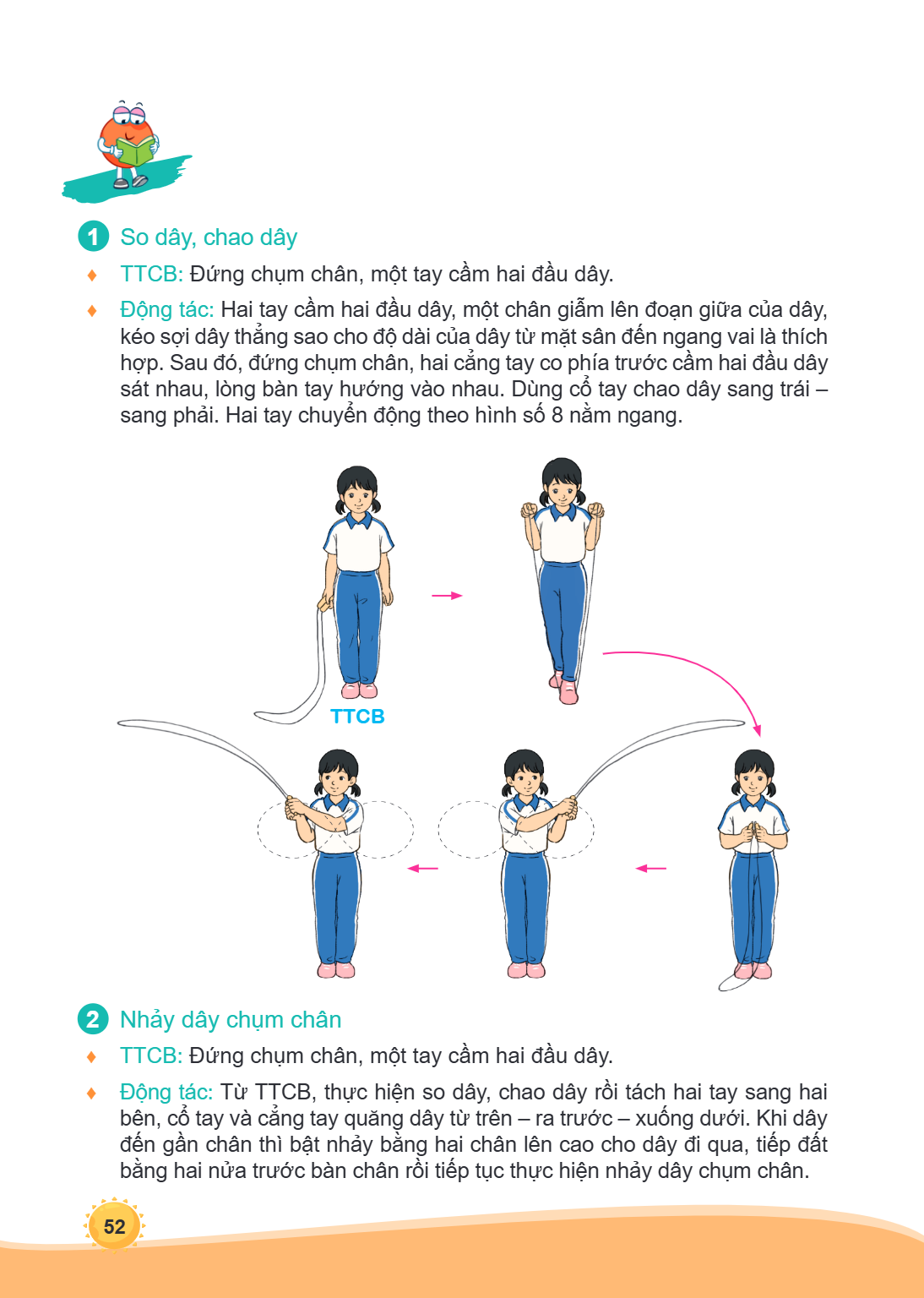1 So dây, chao dây ♦ TTCB: Đứng chụm chân, một tay cầm hai đầu dây. ♦ Động tác: Hai tay cầm hai đầu dây, một chân giẫm lên đoạn giữa của dây, kéo sợi dây thẳng 