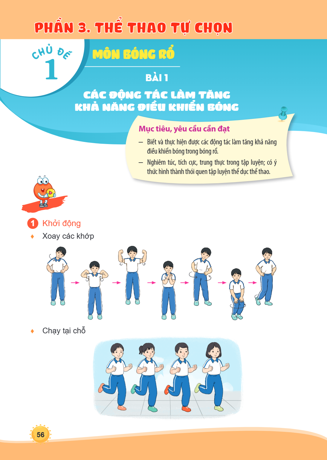 PHẦN 3. THỂ THAO TỰ CHỌN CHỦ ĐỀ 1 MÔN BÓNG RỔ Bài 1. Các động tác làm tăng khả năng điều khiển bóng Mục tiêu, yêu cầu cần đạt Biết và thực hiện được các động tá