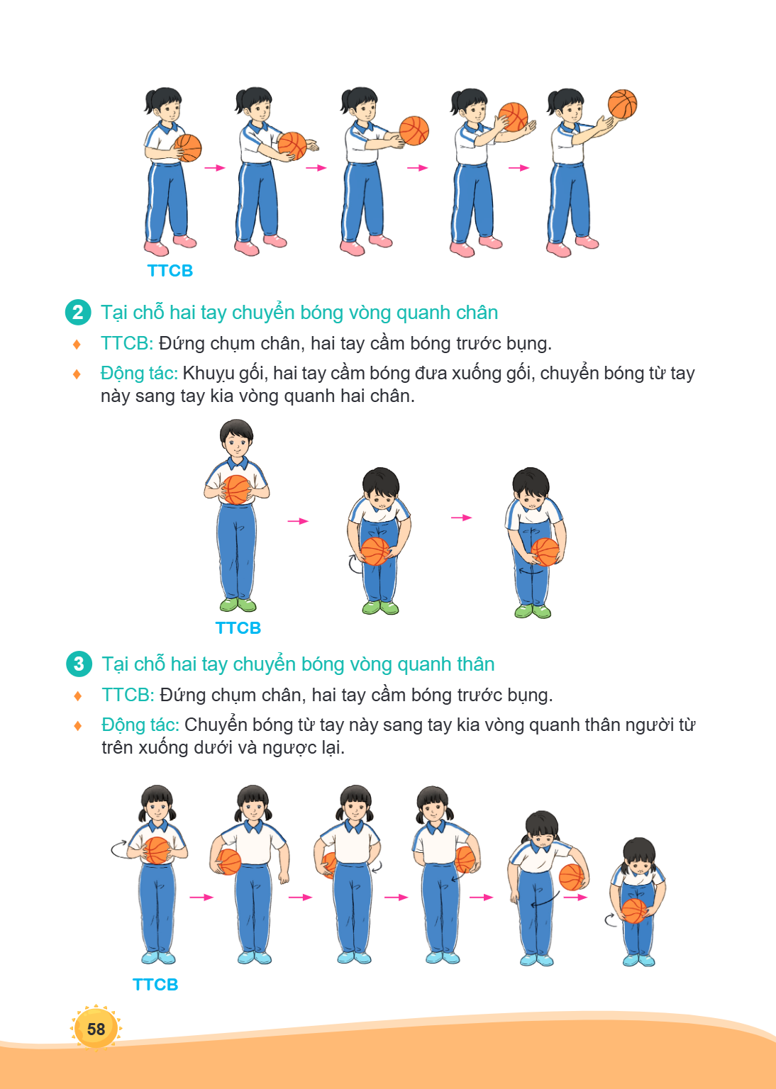 TTCB 2 Tại chỗ hai tay chuyển bóng vòng quanh chân ♦ TTCB: Đứng chụm chân, hai tay cầm bóng trước bụng. ♦ Động tác: Khuỵu gối, hai tay cầm bóng đưa xuống gối, c