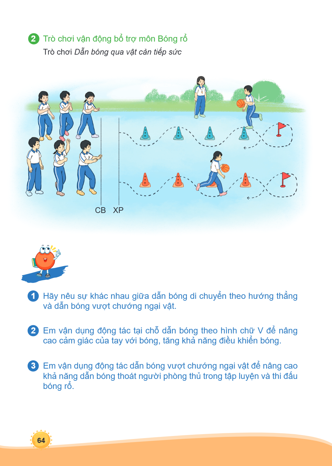2 Trò chơi vận động bổ trợ môn Bóng rổ Trò chơi Dẫn bóng qua vật cản tiếp sức CB XP 1 Hãy nêu sự khác nhau giữa dẫn bóng di chuyển theo hướng thẳng và dẫn bóng 
