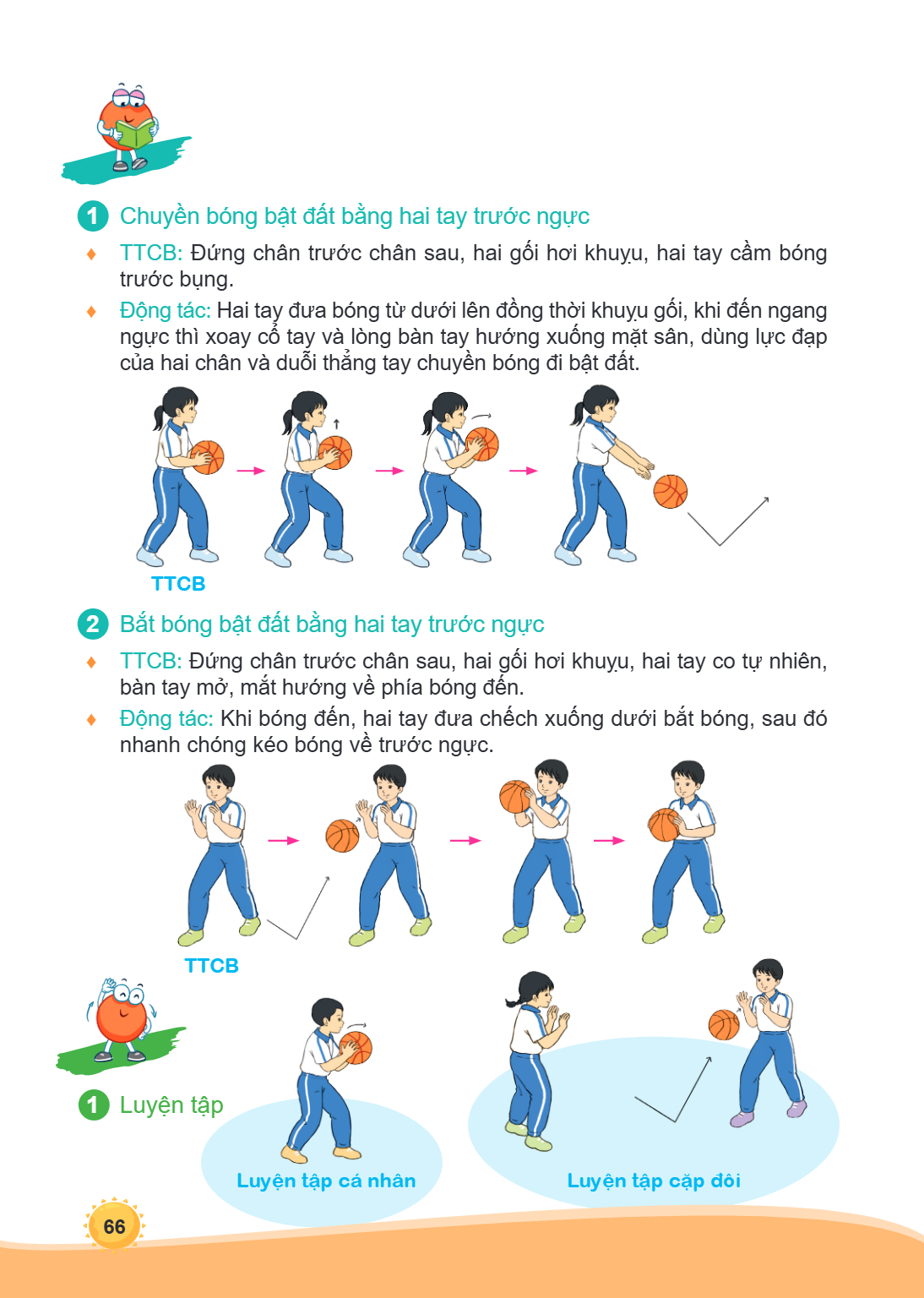1 Chuyền bóng bật đất bằng hai tay trước ngực ♦ TTCB: Đứng chân trước chân sau, hai gối hơi khuỵu, hai tay cầm bóng trước bụng. ♦ Động tác: Hai tay đưa bóng từ 