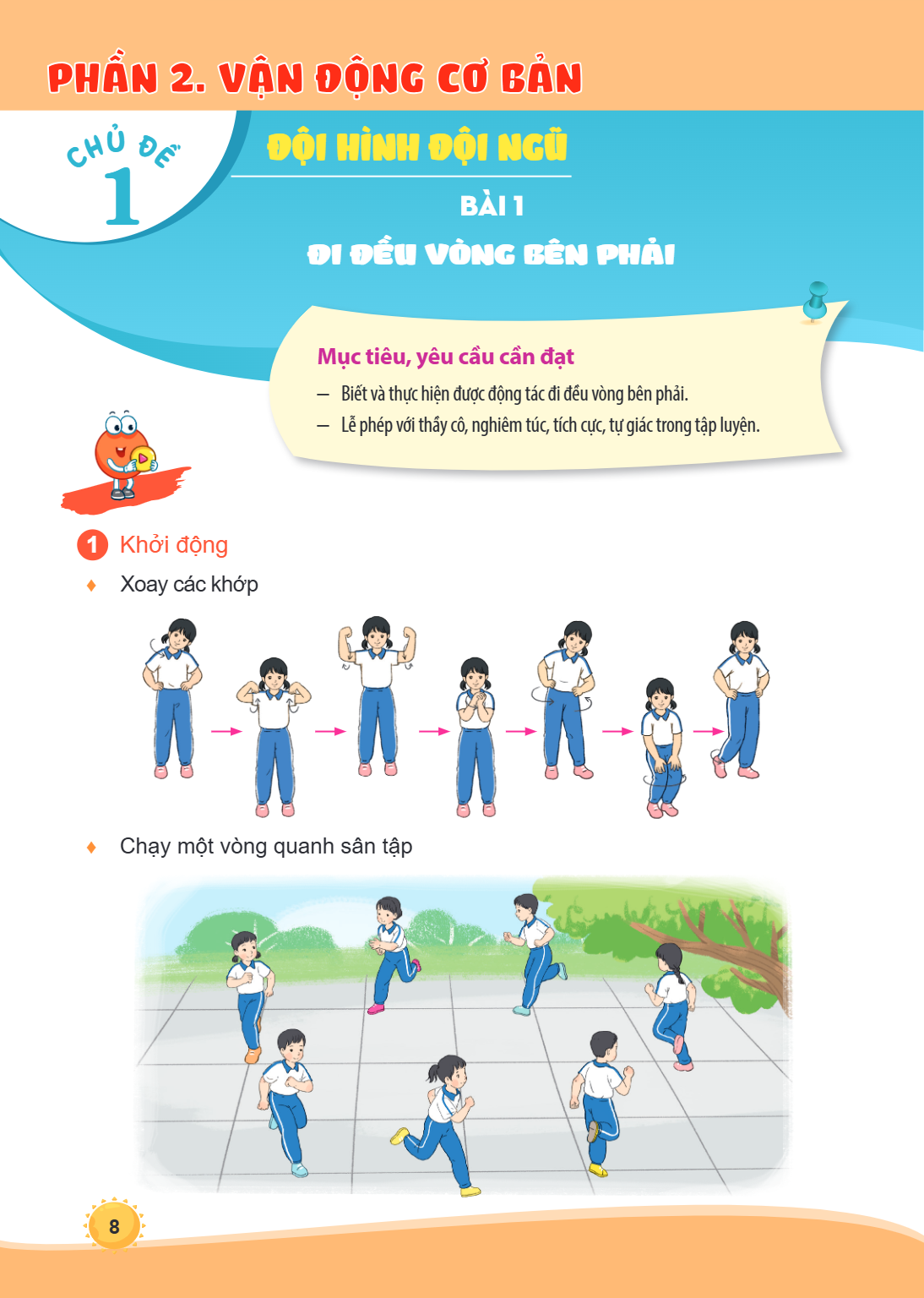 PHẦN 2. VẬN ĐỘNG CƠ BẢN CHỦ ĐỀ 1: ĐỘI HÌNH ĐỘI NGŨ Bài 1. Đi đều vòng bên phải Mục tiêu, yêu cầu cần đạt Biết và thực hiện được động tác đi đều vòng bên phải. L