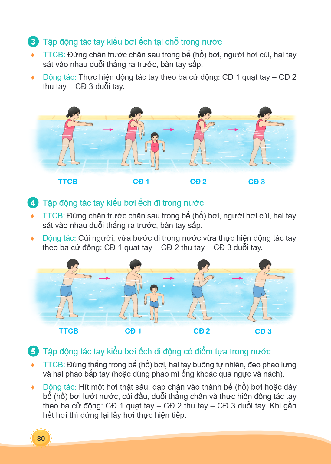 3 Tập động tác tay kiểu bơi ếch tại chỗ trong nước ♦ TTCB: Đứng chân trước chân sau trong bể (hồ) bơi, người hơi cúi, hai tay sát vào nhau duỗi thẳng ra trước, 