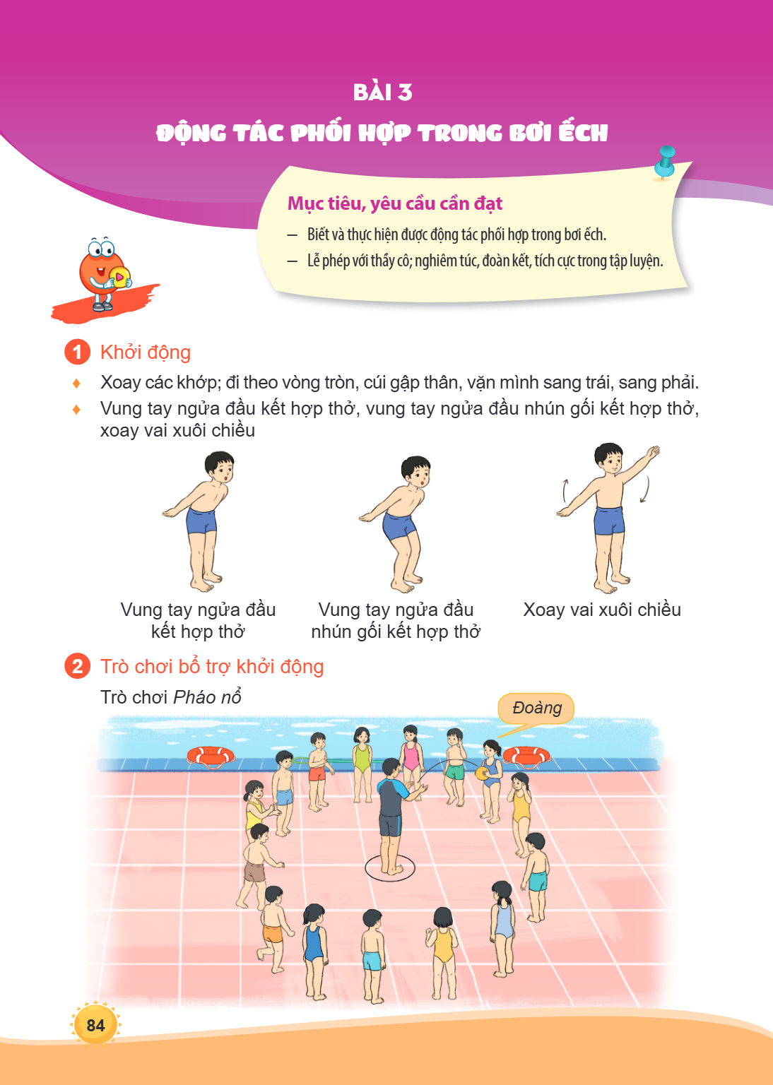 Bài 3. Động tác phối hợp trong bơi ếch Mục tiêu, yêu cầu cần đạt Biết và thực hiện được động tác phối hợp trong bơi ếch. Lễ phép với thầy cô; nghiêm túc, đoàn k