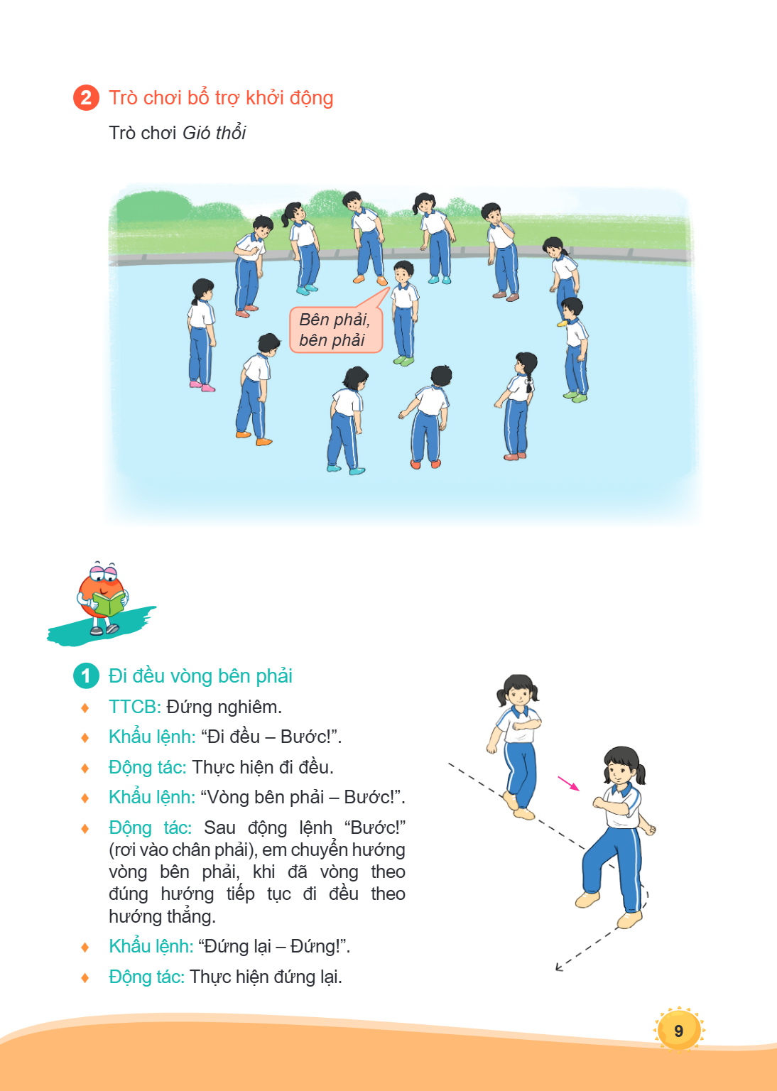 2 Trò chơi bổ trợ khởi động Trò chơi Gió thổi Bên phải, bên phải 1 Đi đều vòng bên phải ♦ TTCB: Đứng nghiêm. ♦ Khẩu lệnh: "Đi đều - Bước!". ♦ Động tác: Thực hiệ
