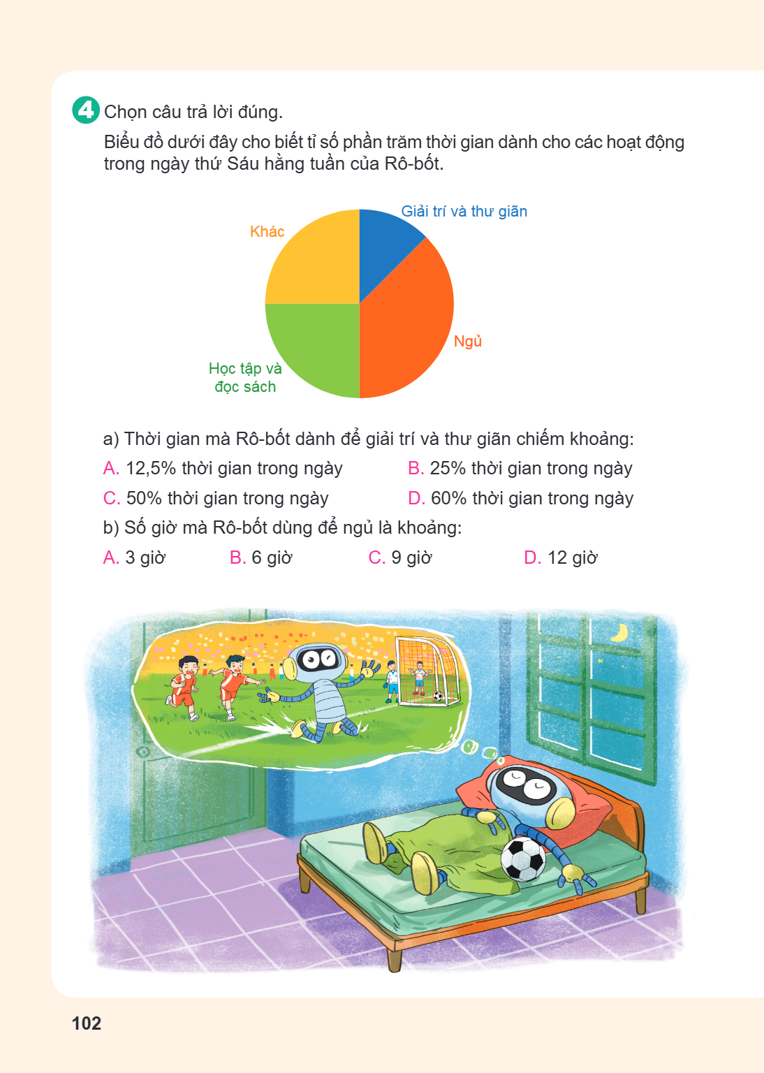 4 Chọn câu trả lời đúng. Biểu đồ dưới đây cho biết tỉ số phần trăm thời gian dành cho các hoạt động trong ngày thứ Sáu hằng tuần của Rô-bốt. a) Thời gian mà Rô-