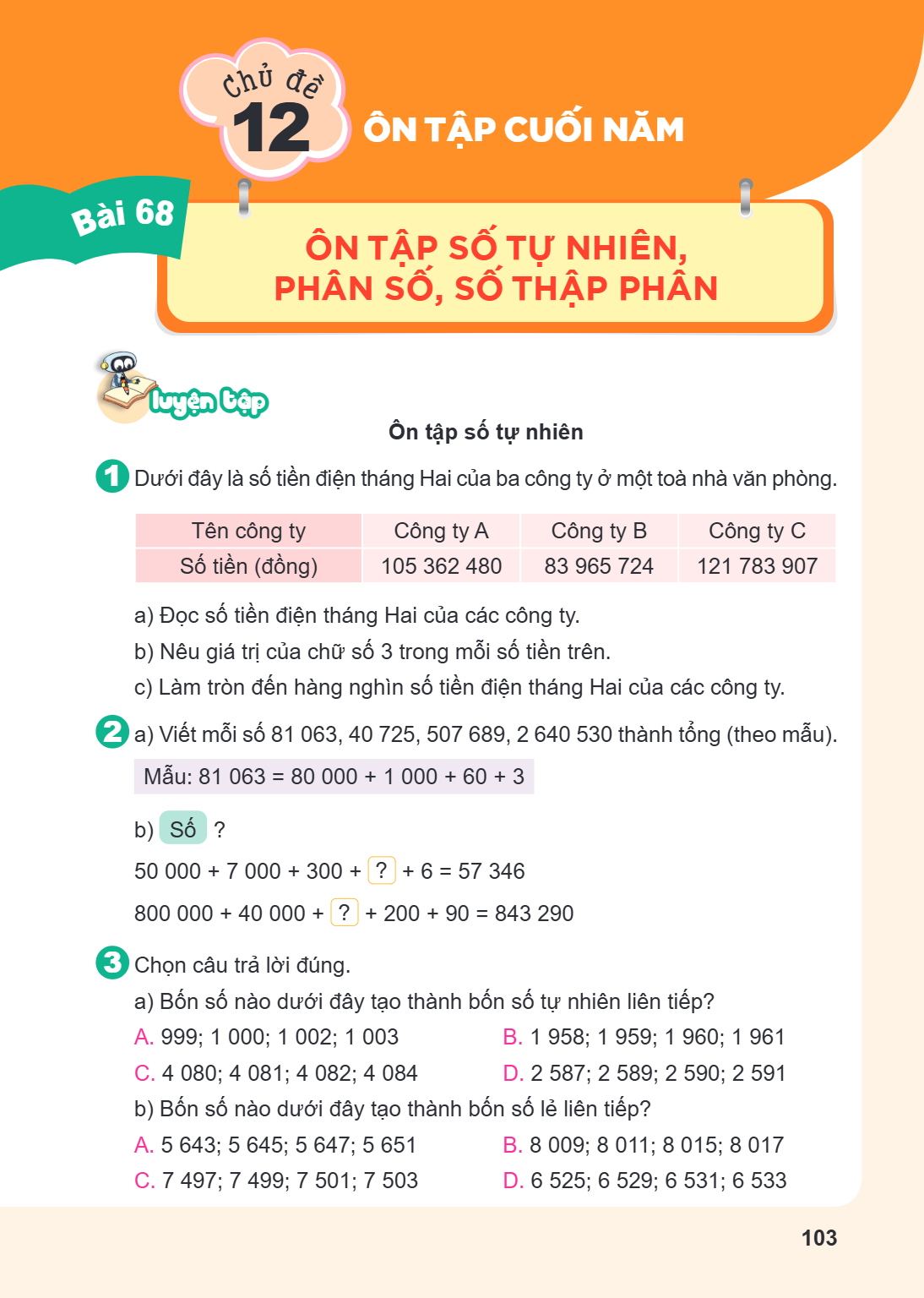 Chủ đề 12. ÔN TẬP CUỐI NĂM Bài 68. Ôn tập số tự nhiên, phân số, số thập phân LUYỆN TẬP Ôn tập số tự nhiên 1 Dưới đây là số tiền điện tháng Hai của ba công ty ở 