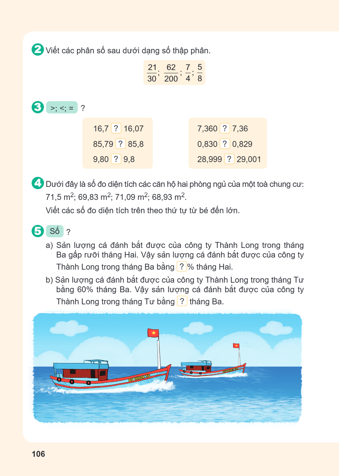 2 Viết các phân số sau dưới dạng số thập phân. $\frac{21}{30}; \frac{62}{200}; \frac{7}{4}; \frac{5}{8}$ 3 $> ; < ; =$ ? $16,7$ ? $16,07$ $85,79$ ? $85,8$ $9,80