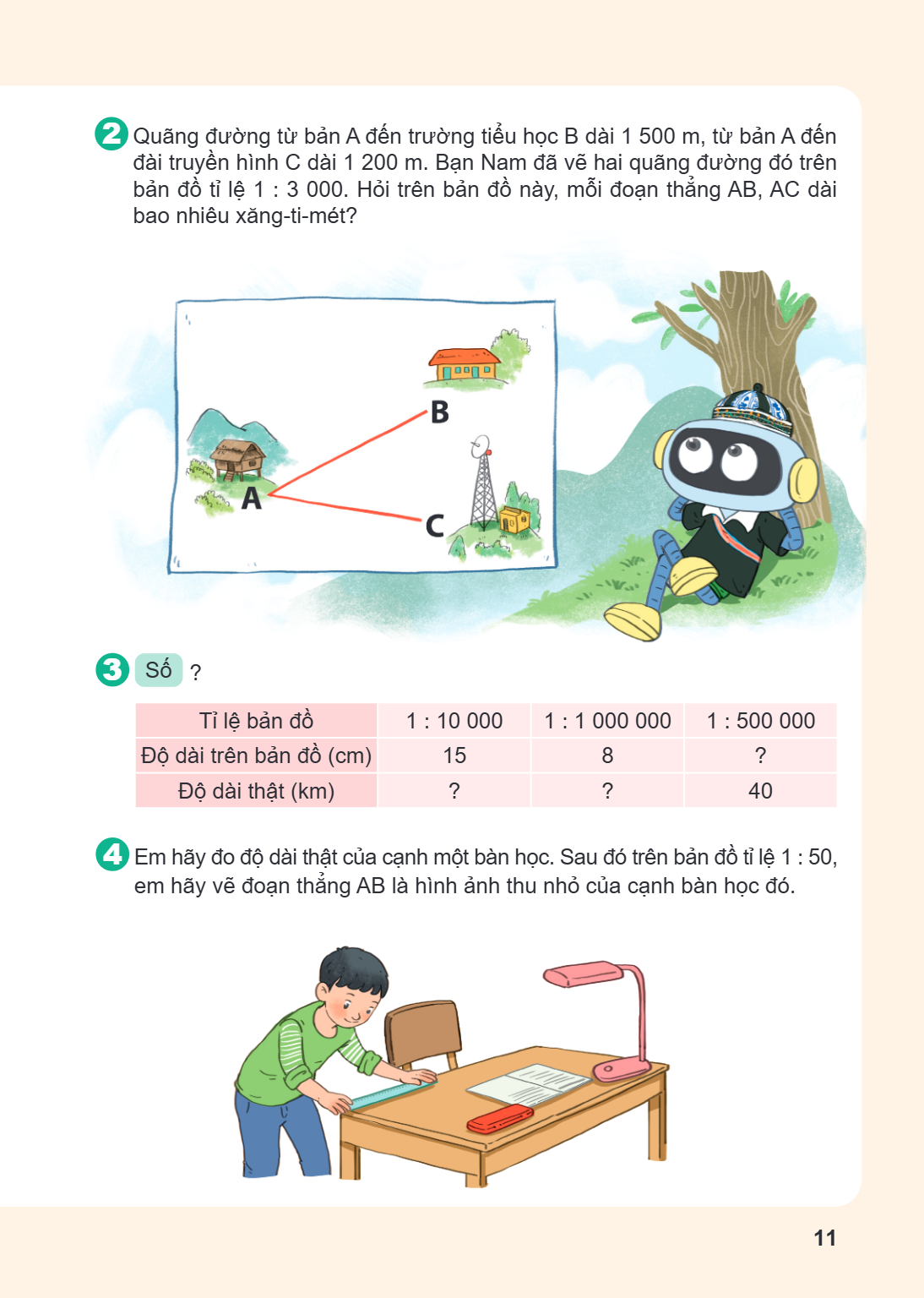 2. Quãng đường từ bản A đến trường tiểu học B dài 1 500 m, từ bản A đến đài truyền hình C dài 1 200 m. Bạn Nam đã vẽ hai quãng đường đó trên bản đồ tỉ lệ $1:3\ 