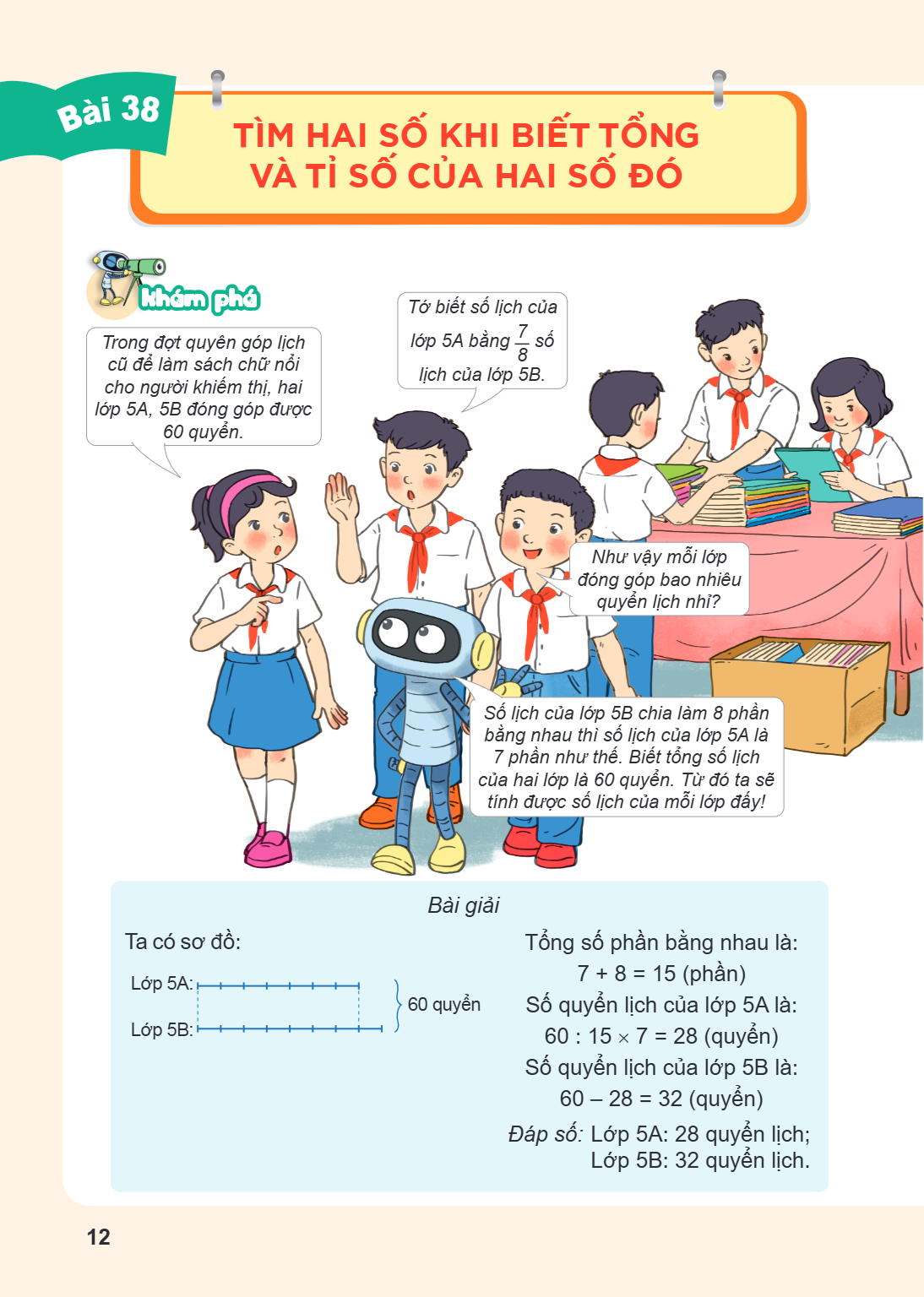 Bài 38. Tìm hai số khi biết tổng và tỉ số của hai số đó Khám phá Trong đợt quyên góp lịch cũ để làm sách chữ nổi cho người khiếm thị, hai lớp 5A, 5B đóng góp đư