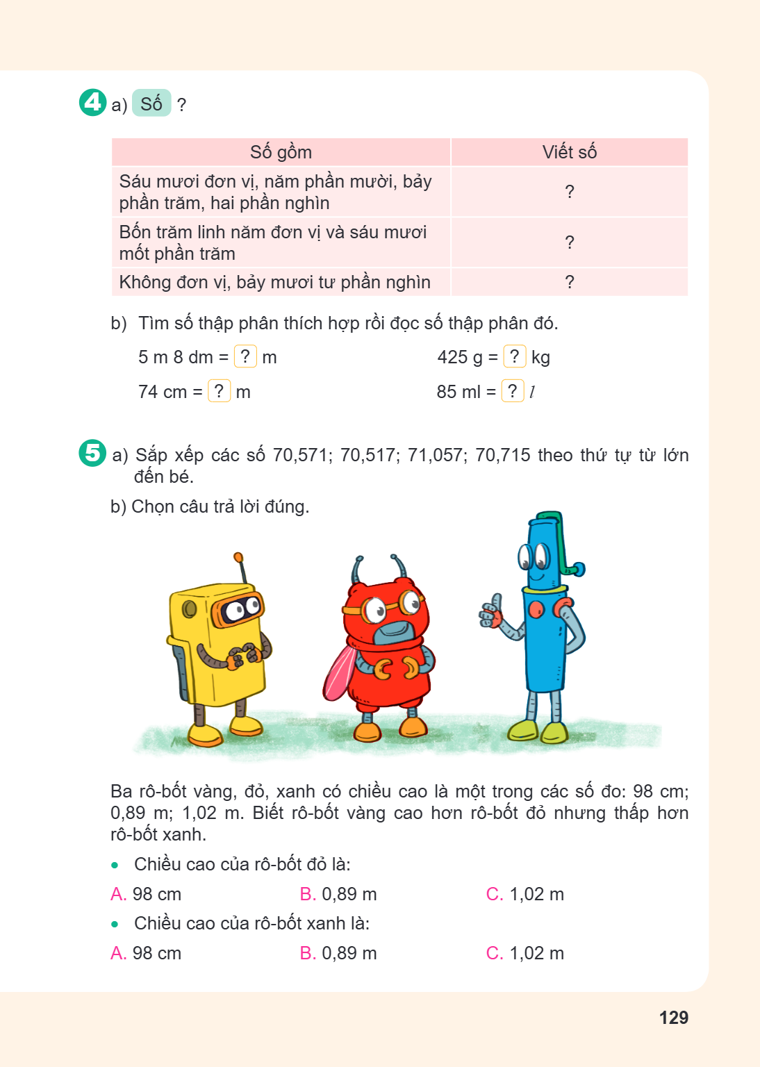 4 a) Số ? Số gồm, Viết số Sáu mươi đơn vị, năm phần mười, bảy phần trăm, hai phần nghìn, ? Bốn trăm linh năm đơn vị và sáu mươi mốt phần trăm, ? Không đơn vị, b