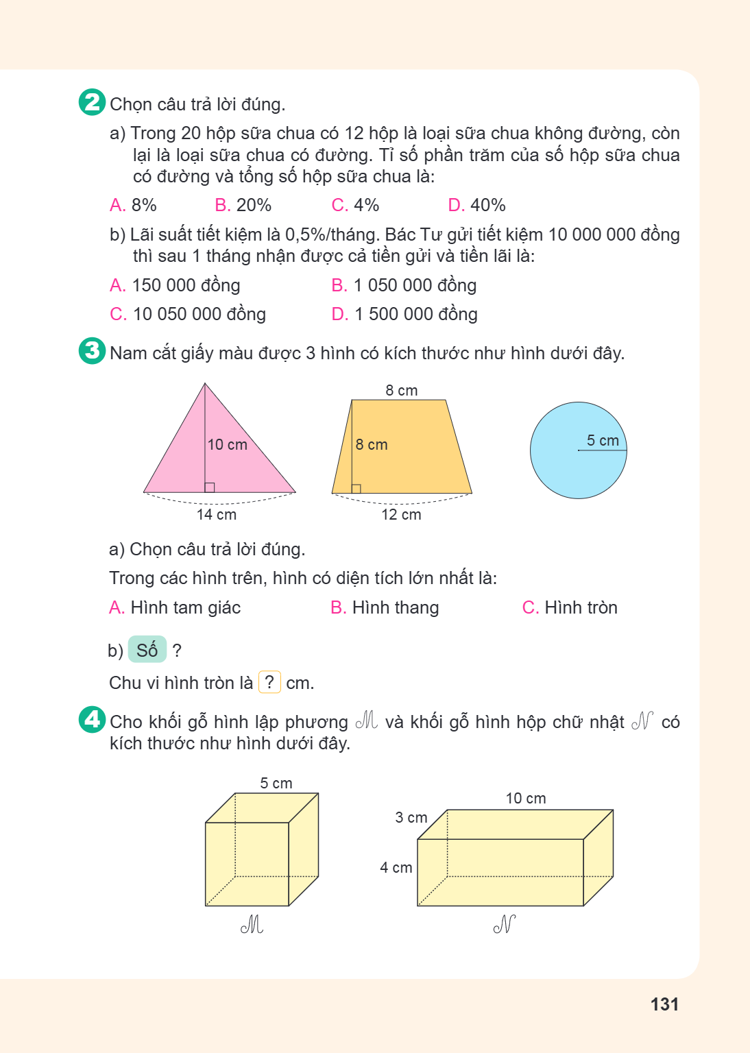 2 Chọn câu trả lời đúng. a) Trong 20 hộp sữa chua có 12 hộp là loại sữa chua không đường, còn lại là loại sữa chua có đường. Tỉ số phần trăm của số hộp sữa chua