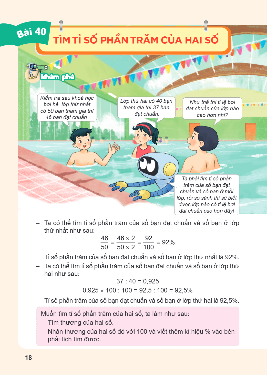 Bài 40. Tìm tỉ số phần trăm của hai số Khám phá Kiểm tra sau khoá học bơi hè, lớp thứ nhất có 50 bạn tham gia thì 46 bạn đạt chuẩn. Lớp thứ hai có 40 bạn tham g