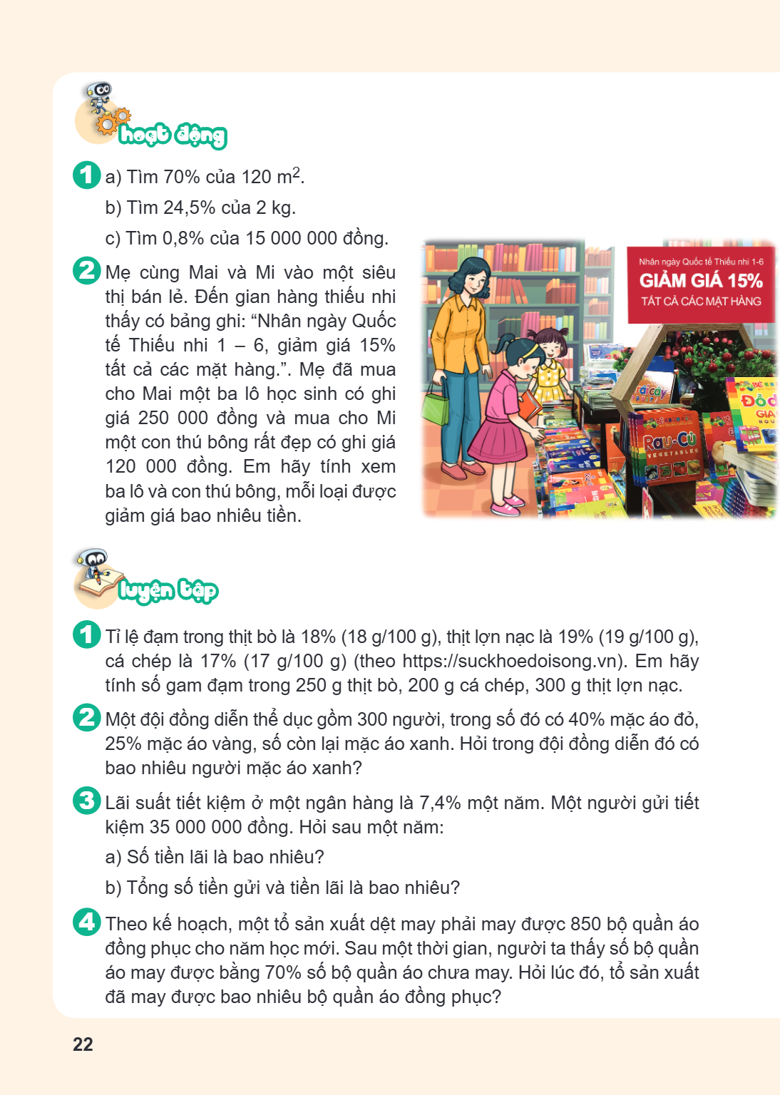 Hoạt động a) Tìm 70% của $120 \text{ m}^2$. b) Tìm 24,5% của 2 kg. c) Tìm 0,8% của 15 000 000 đồng. Mẹ cùng Mai và Mi vào một siêu thị bán lẻ. Đến gian hàng thi