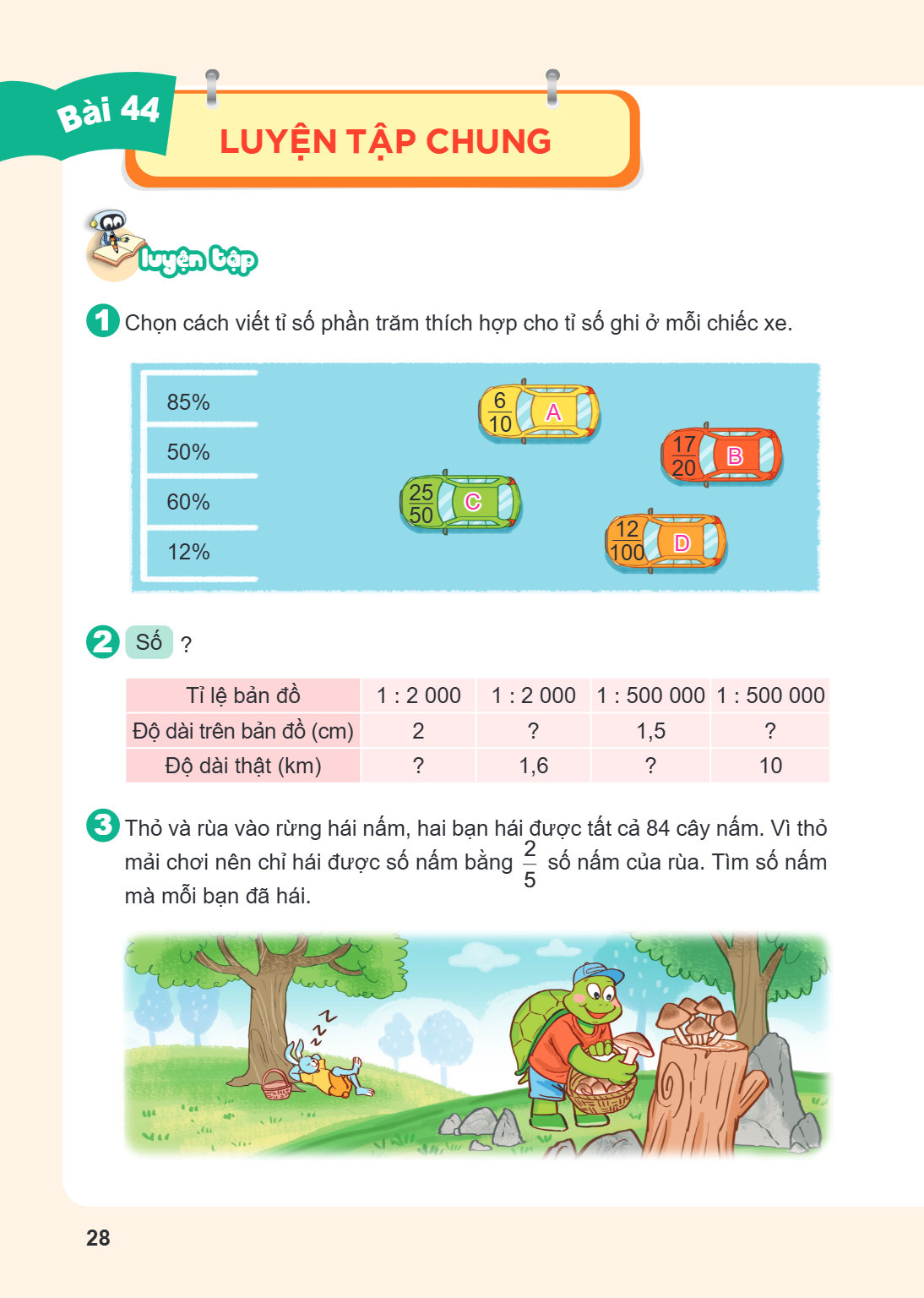 Luyện tập chung Luyện tập 1 Chọn cách viết tỉ số phần trăm thích hợp cho tỉ số ghi ở mỗi chiếc xe. $85%$, $\frac{6}{10}$ A $50%$, $\frac{25}{50}$ C $60%$, $\fra