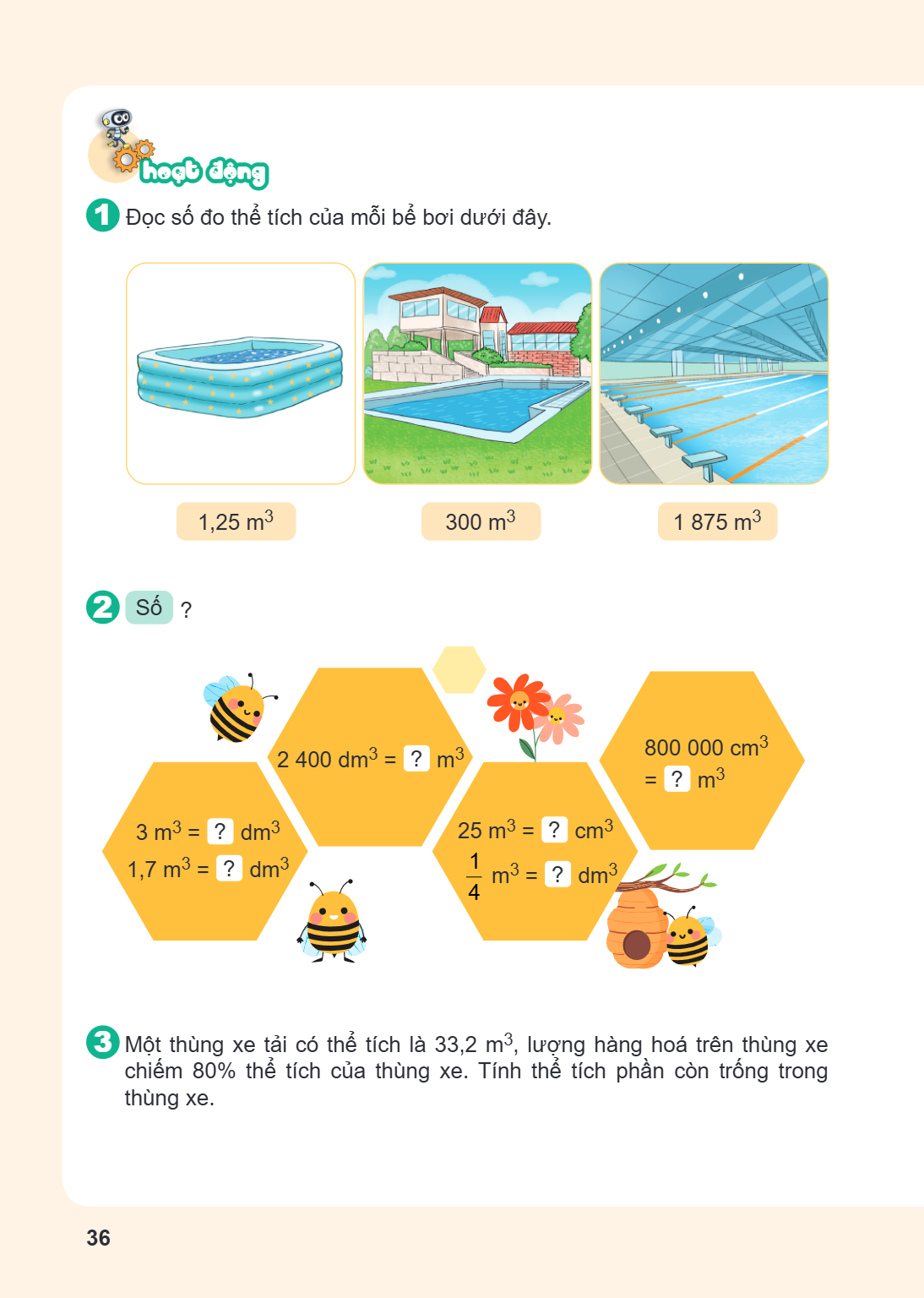 hoạt động 1 Đọc số đo thể tích của mỗi bể bơi dưới đây. $1,25 \text{ m}^3$ $300 \text{ m}^3$ $1,875 \text{ m}^3$ 2 Số ? $3 \text{ m}^3 = ? \text{ dm}^3$ $1,7 \t
