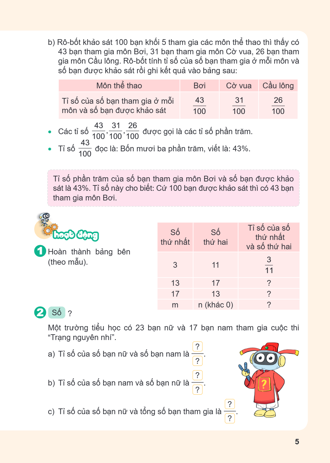 b) Rô-bốt khảo sát 100 bạn khối 5 tham gia các môn thể thao thì thấy có 43 bạn tham gia môn Bơi, 31 bạn tham gia môn Cờ vua, 26 bạn tham gia môn Cầu lông. Rô-bố