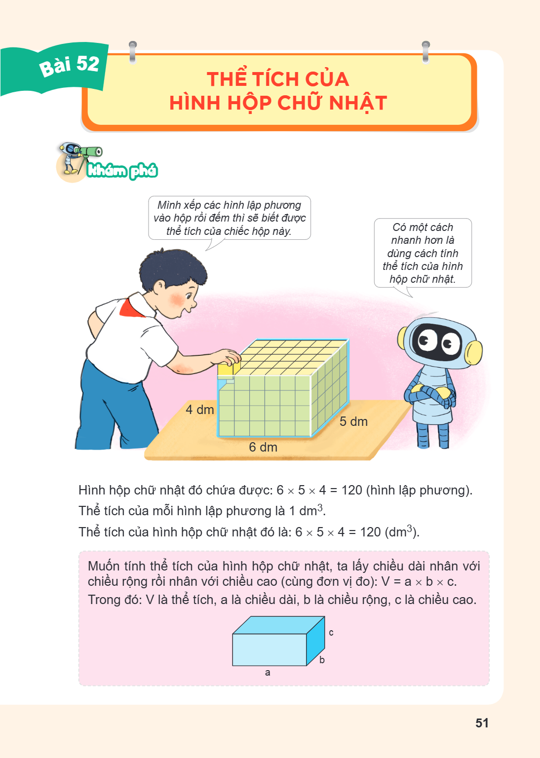 Bài 52. Thể tích của hình hộp chữ nhật Khám phá Minh xếp các hình lập phương vào hộp rồi đếm thì sẽ biết được thể tích của chiếc hộp này. Có một cách nhanh hơn 