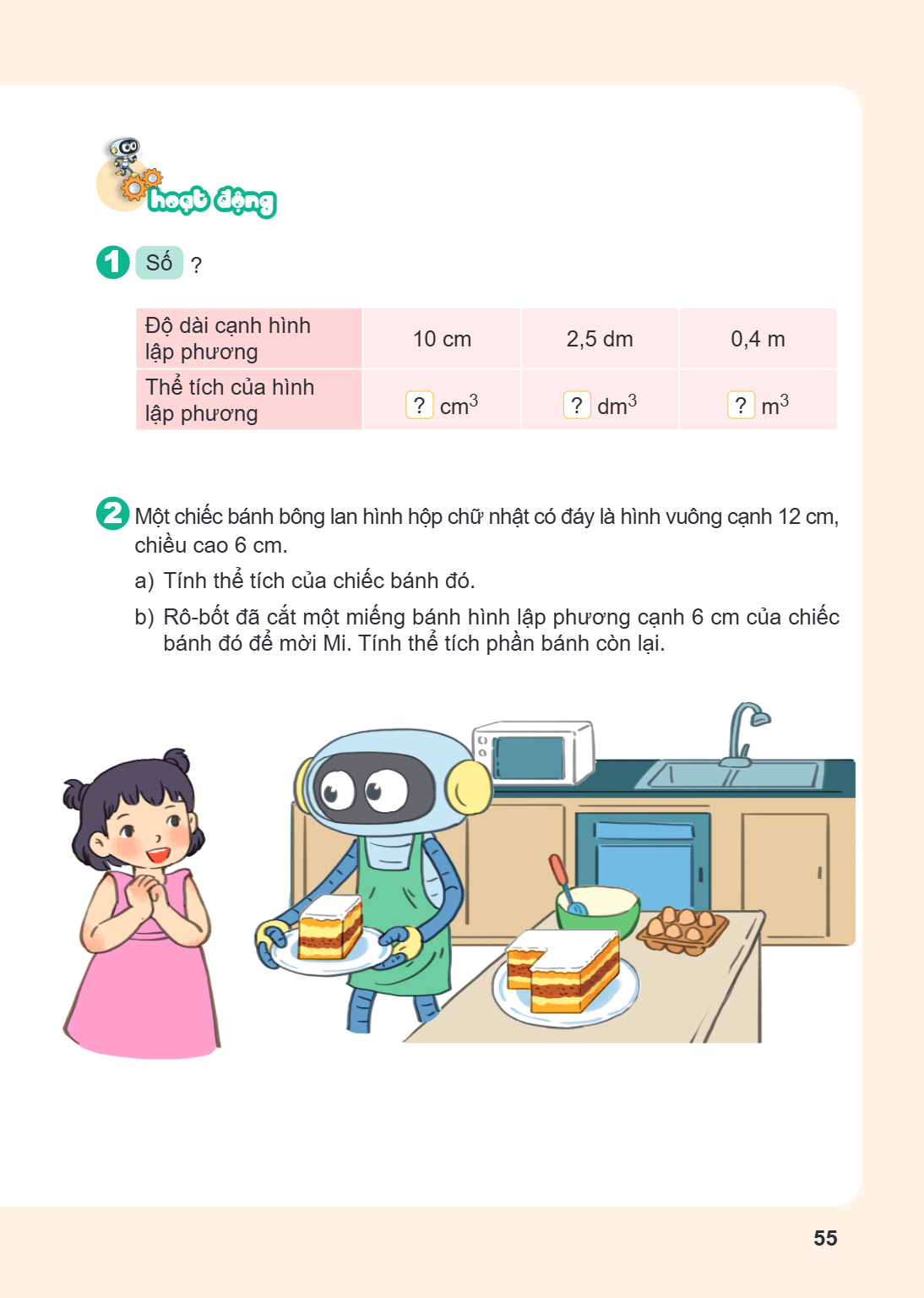 hoạt động 1 Số ? Độ dài cạnh hình lập phương, 10 cm, 2,5 dm, 0,4 m Thể tích của hình lập phương, ? $\text{cm}^3$, ? $\text{dm}^3$, ? $\text{m}^3$ 2 Một chiếc bá