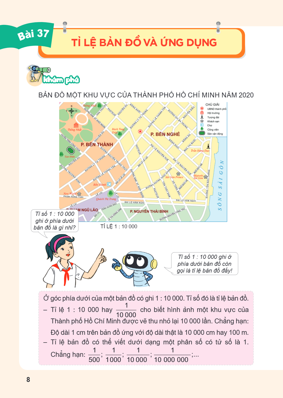 Bài 37. Tỉ lệ bản đồ và ứng dụng Khám phá BẢN ĐỒ MỘT KHU VỰC CỦA THÀNH PHỐ HỒ CHÍ MINH NĂM 2020 TỈ LỆ $1:10,000$ Tỉ số $1:10,000$ ghi ở phía dưới bản đồ là gì n