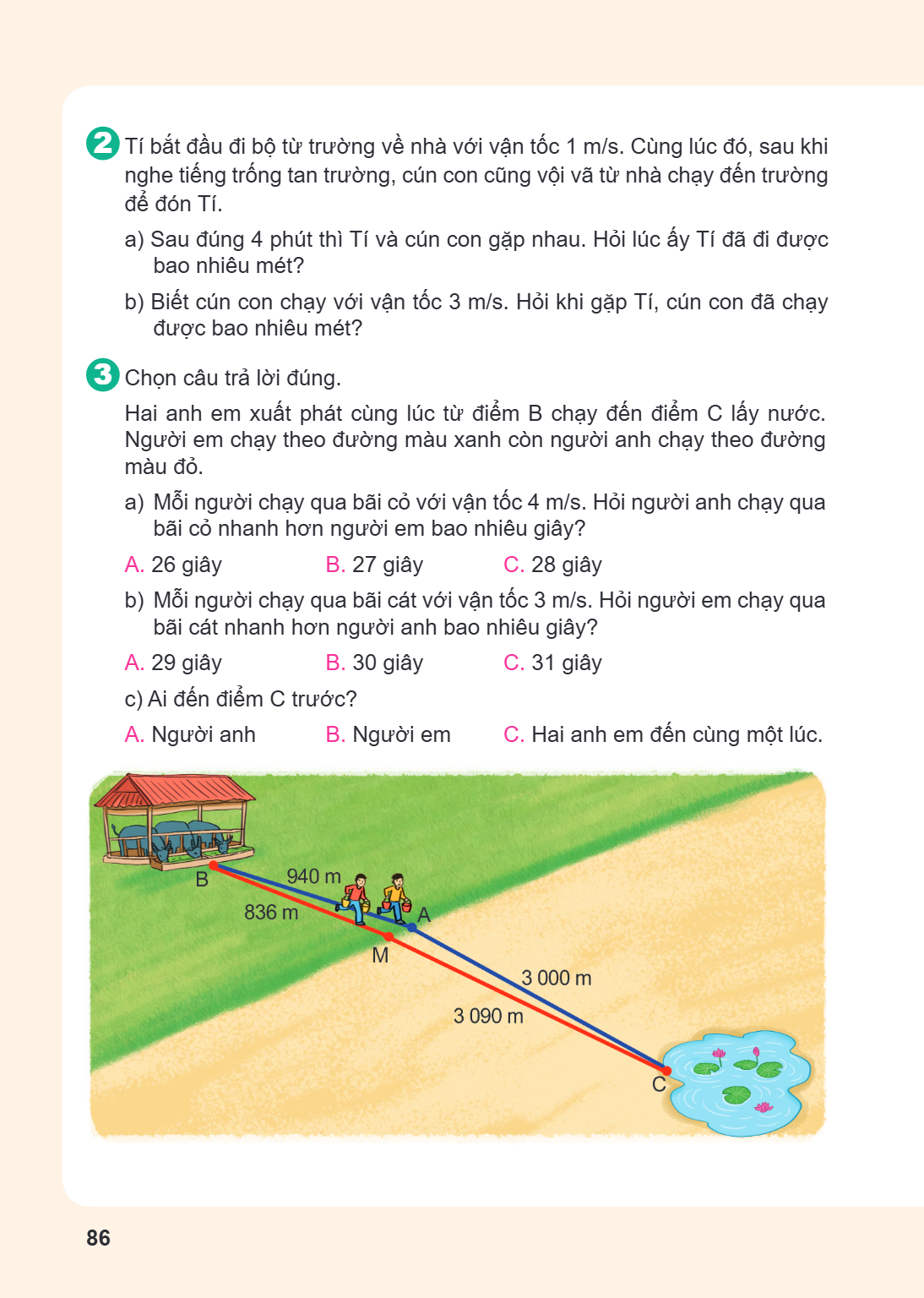 2. Tí bắt đầu đi bộ từ trường về nhà với vận tốc 1 m/s. Cùng lúc đó, sau khi nghe tiếng trống tan trường, cún con cũng vội vã từ nhà chạy đến trường để đón Tí. 
