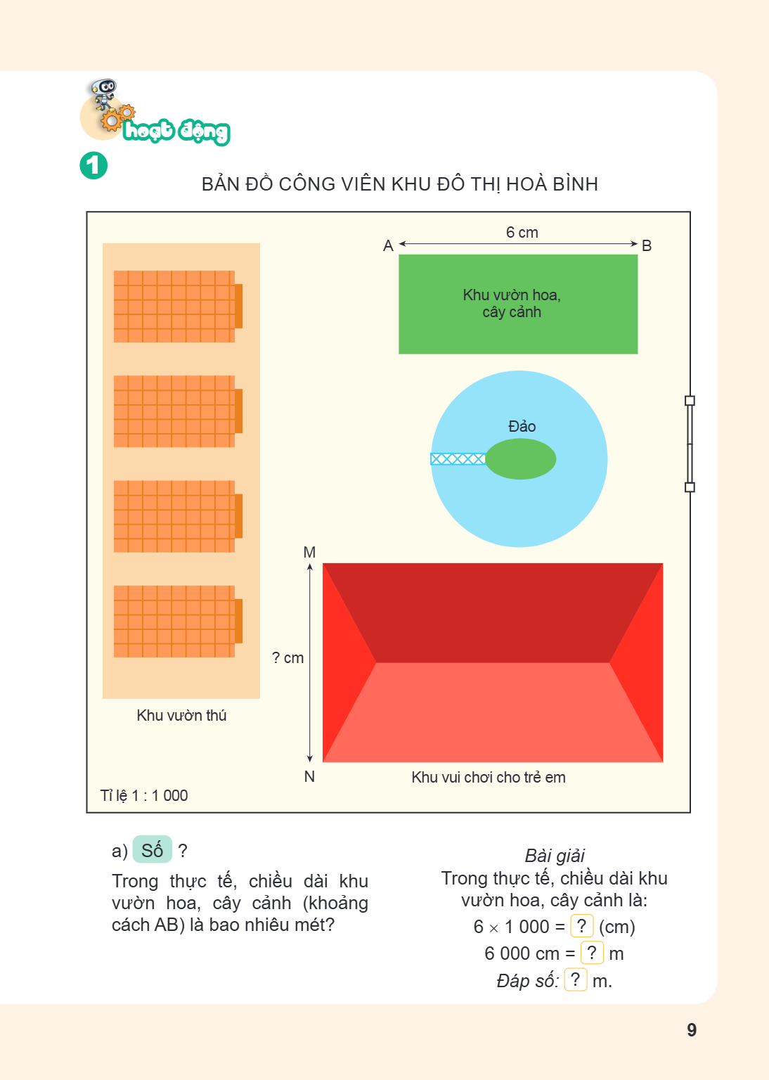 hoạt động 1 BẢN ĐỒ CÔNG VIÊN KHU ĐÔ THỊ HOÀ BÌNH Tỉ lệ 1 : 1 000 a) Số ? Trong thực tế, chiều dài khu vườn hoa, cây cảnh (khoảng cách AB) là bao nhiêu mét? Bài 