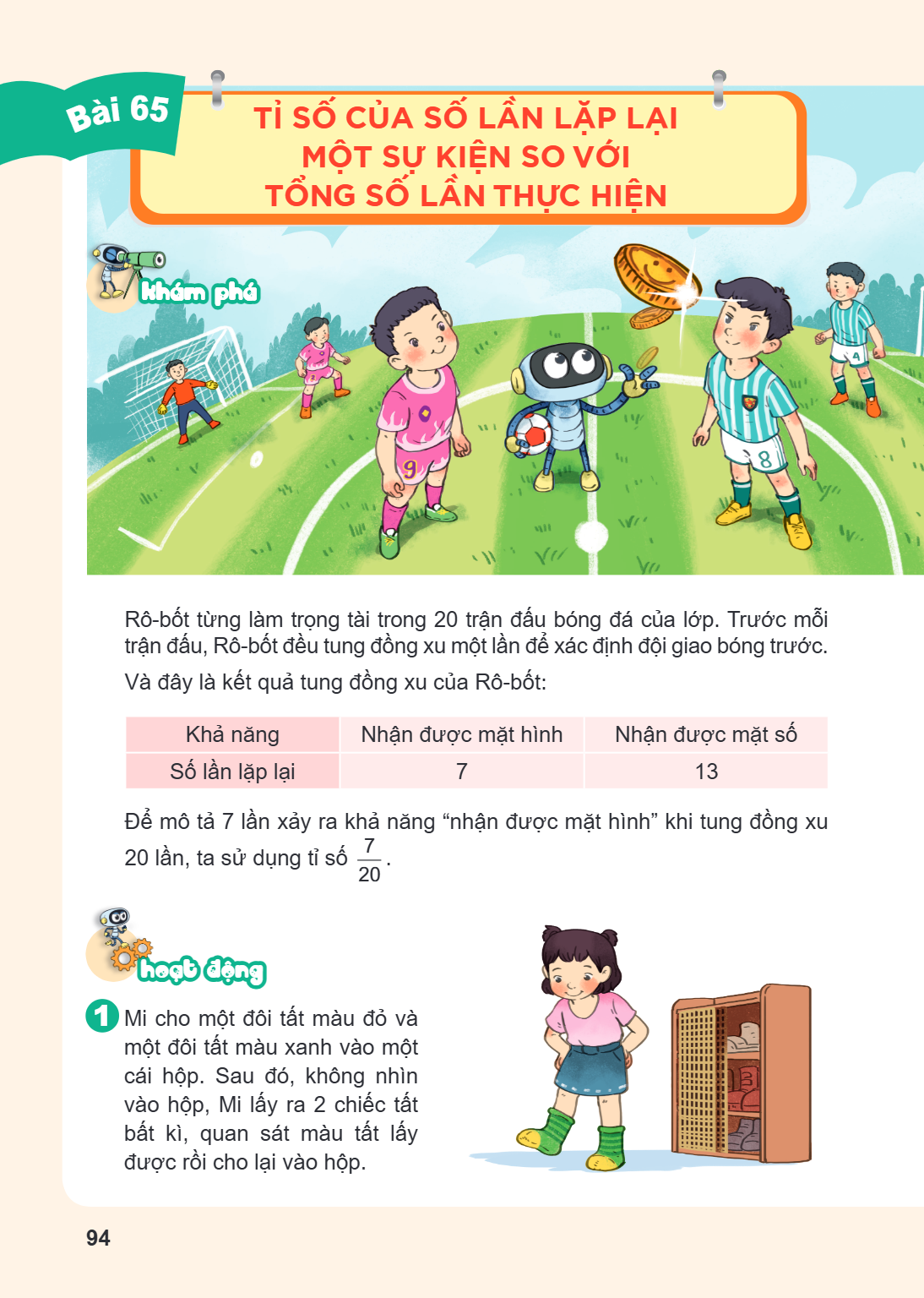 Bài 65. Tỉ số của số lần lặp lại một sự kiện so với tổng số lần thực hiện Khám phá Rô-bốt từng làm trọng tài trong 20 trận đấu bóng đá của lớp. Trước mỗi trận đ
