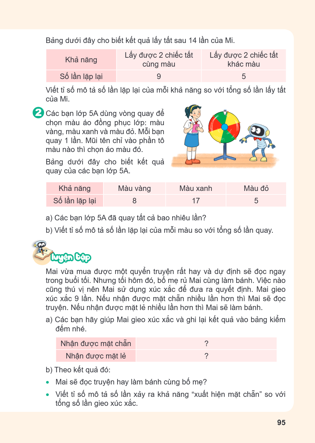 Bảng dưới đây cho biết kết quả lấy tất sau 14 lần của Mi. Khả năng, Lấy được 2 chiếc tất cùng màu, Lấy được 2 chiếc tất khác màu Số lần lặp lại, 9, 5 Viết tỉ số