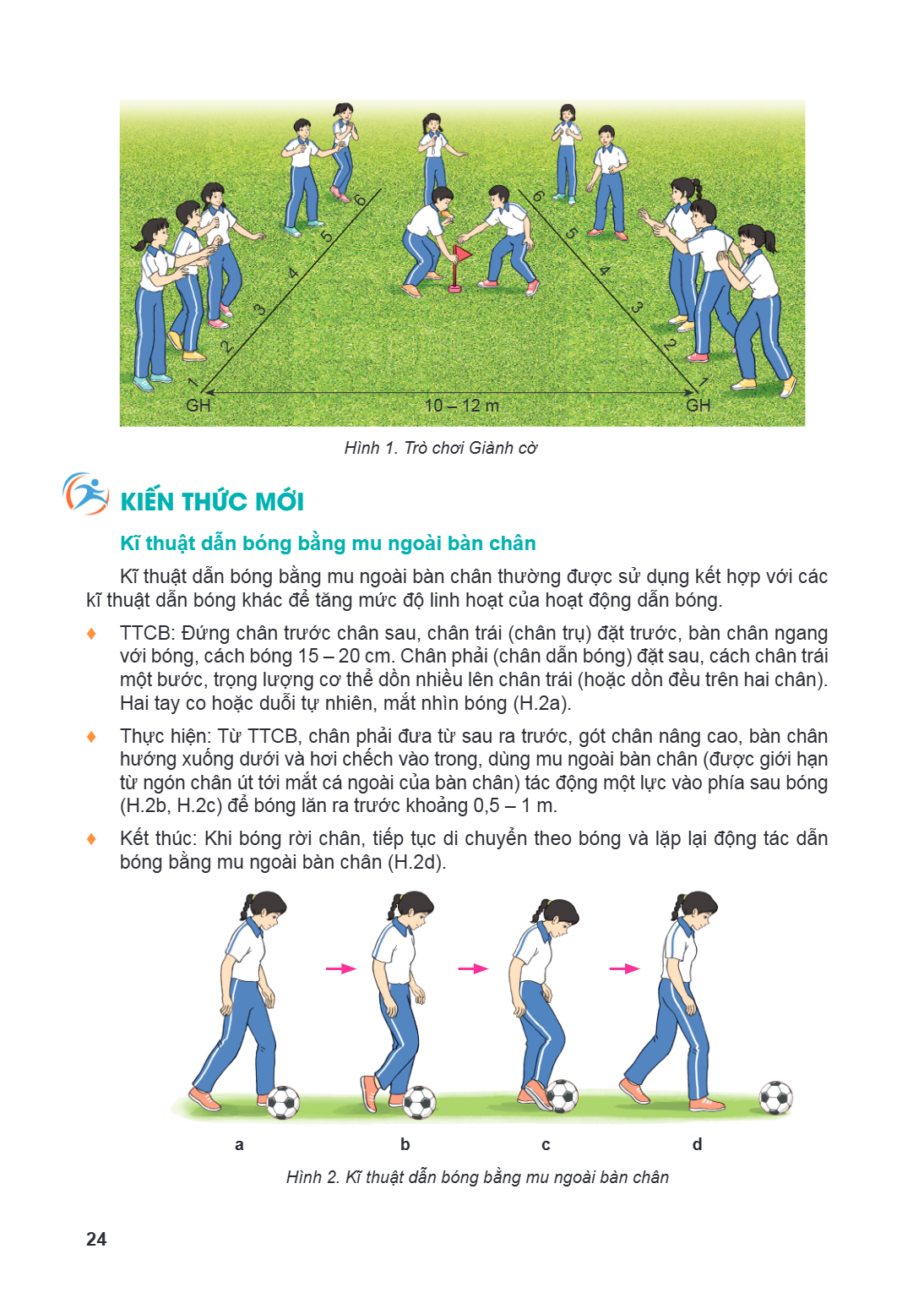 GH 10 - 12 m GH Hình 1. Trò chơi Giành cờ kiến thức mới Kĩ thuật dẫn bóng bằng mu ngoài bàn chân Kĩ thuật dẫn bóng bằng mu ngoài bàn chân thường được sử dụng kế