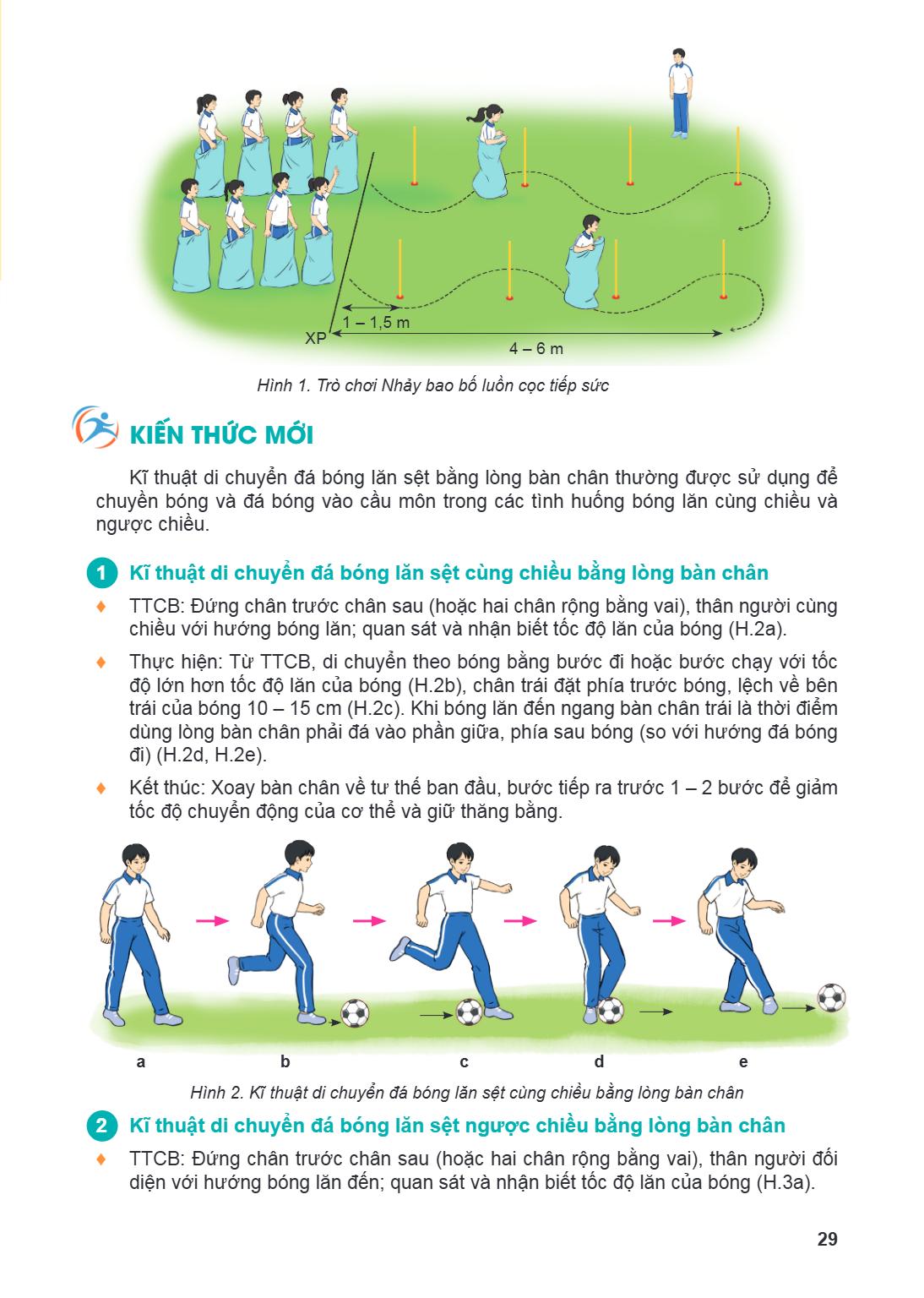 1 - 1,5 m XP 4 - 6 m Hình 1. Trò chơi Nhảy bao bố luồn cọc tiếp sức kiến thức mới Kĩ thuật di chuyển đá bóng lăn sệt bằng lòng bàn chân thường được sử dụng để c