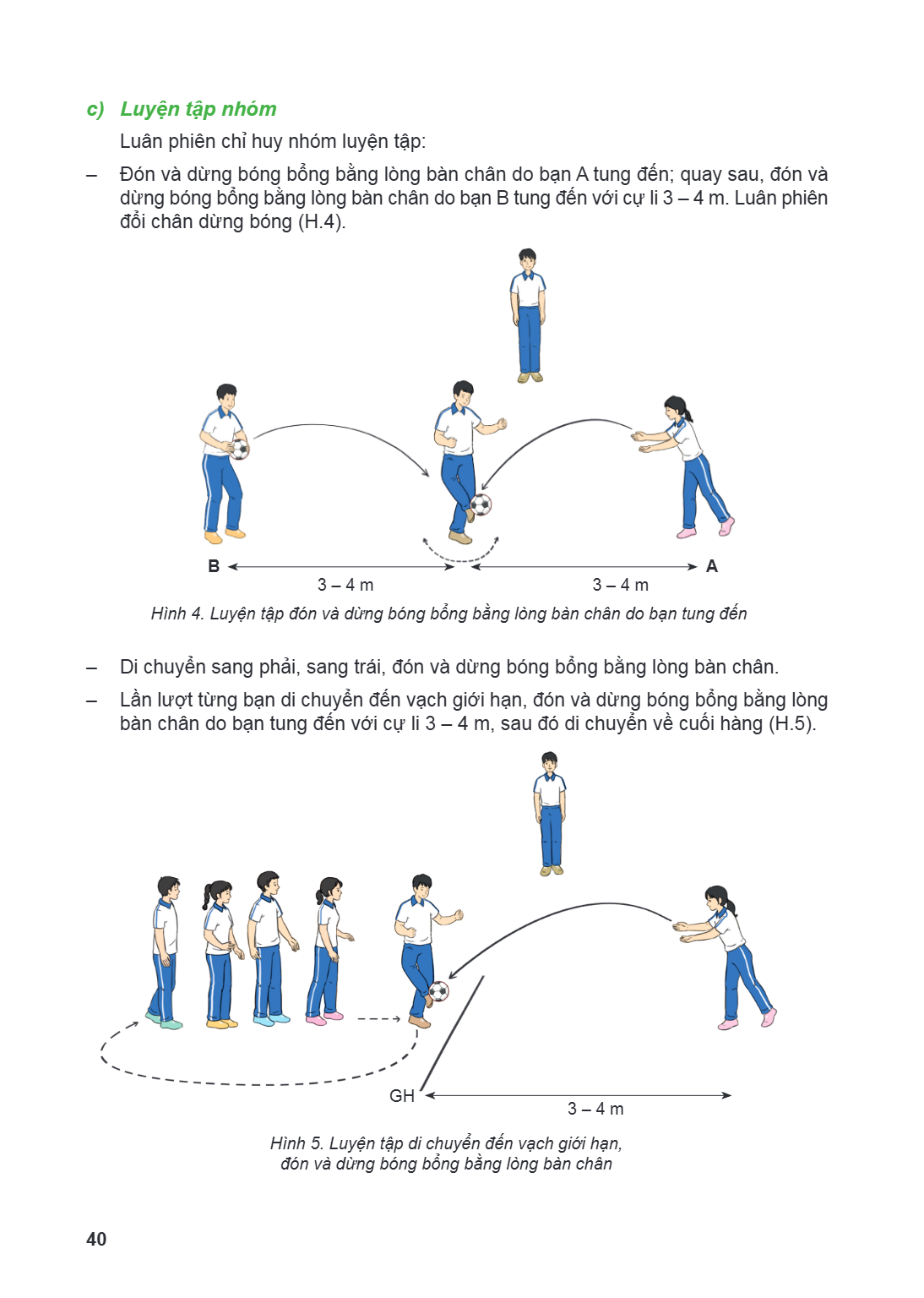 c) Luyện tập nhóm Luân phiên chỉ huy nhóm luyện tập: - đón và dừng bóng bổng bằng lòng bàn chân do bạn A tung đến; quay sau, đón và dừng bóng bổng bằng lòng bàn