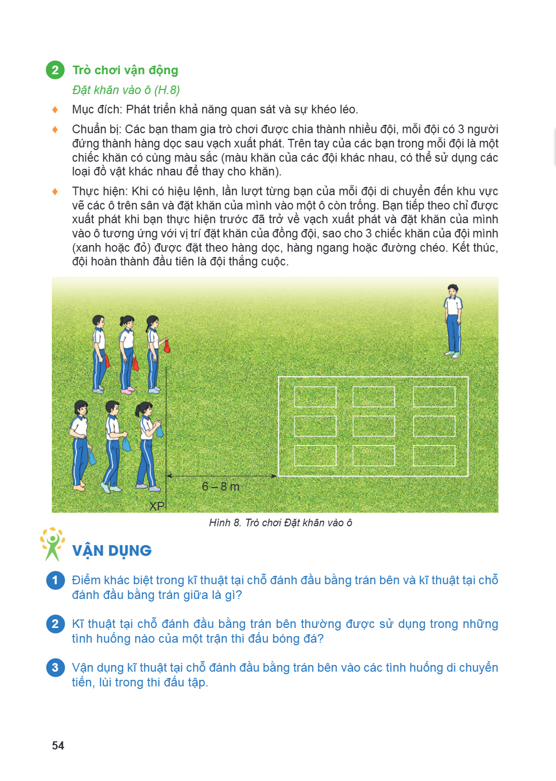 2 Trò chơi vận động Đặt khăn vào ô (H.8) ♦ Mục đích: Phát triển khả năng quan sát và sự khéo léo. ♦ Chuẩn bị: Các bạn tham gia trò chơi được chia thành nhiều độ
