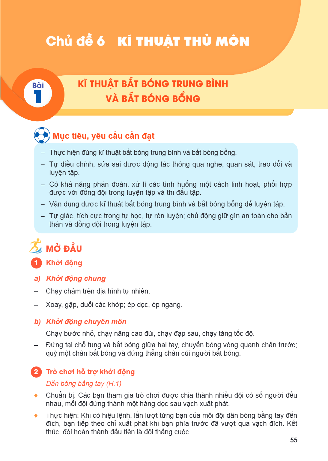 Chủ đề 6 KĨ THUẬT THỦ MÔN Bài 1. Kĩ thuật bắt bóng trung bình và bắt bóng bổng Mục tiêu, yêu cầu cần đạt Thực hiện đúng kĩ thuật bắt bóng trung bình và bắt bóng